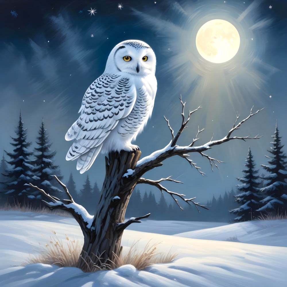 Snowy Owl Under a Full Moon