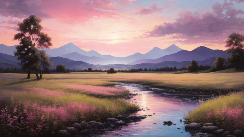Pastoral Sunset by the Stream