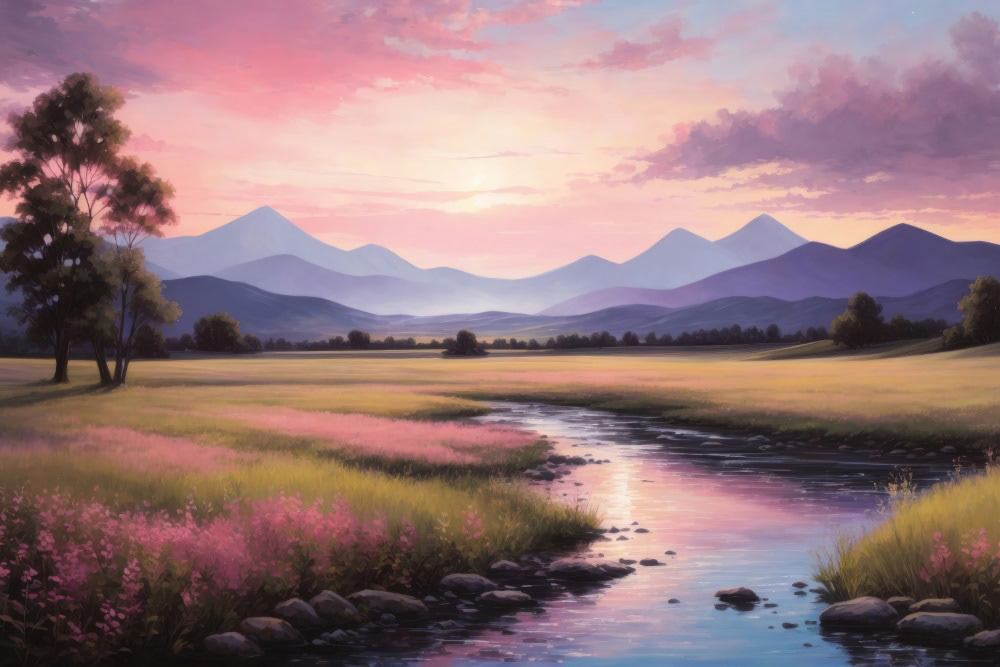 Pastoral Sunset by the Stream