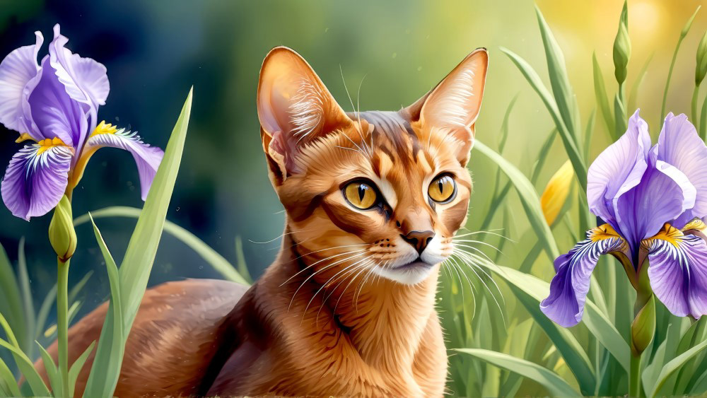 Abyssinian Cat and Irises