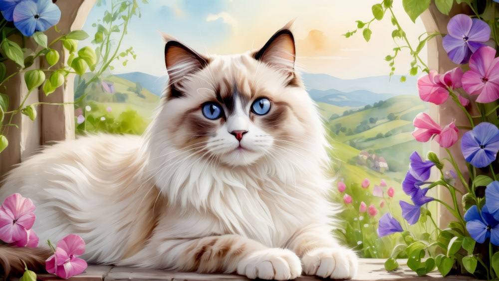 Ragdoll Cat and Morning Glories