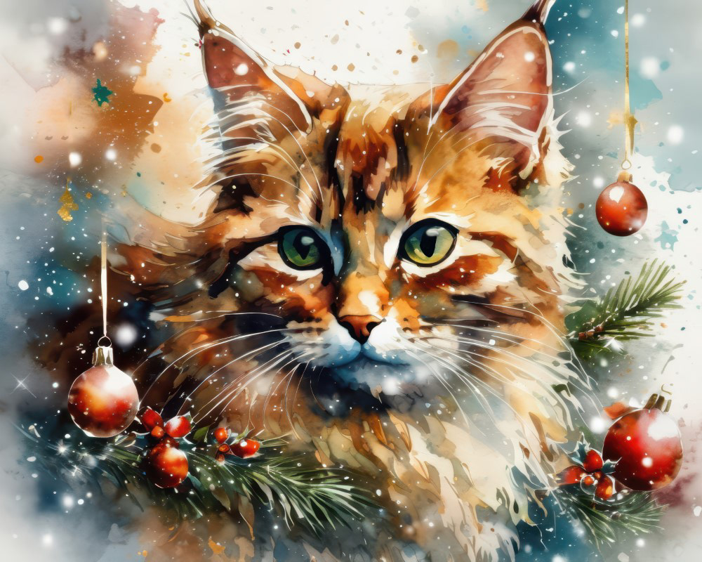 Holiday Cat and Ornaments