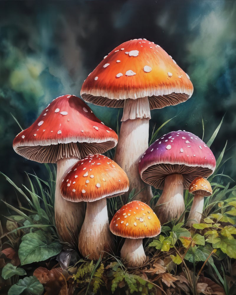 Colorful Forest Mushroom Group