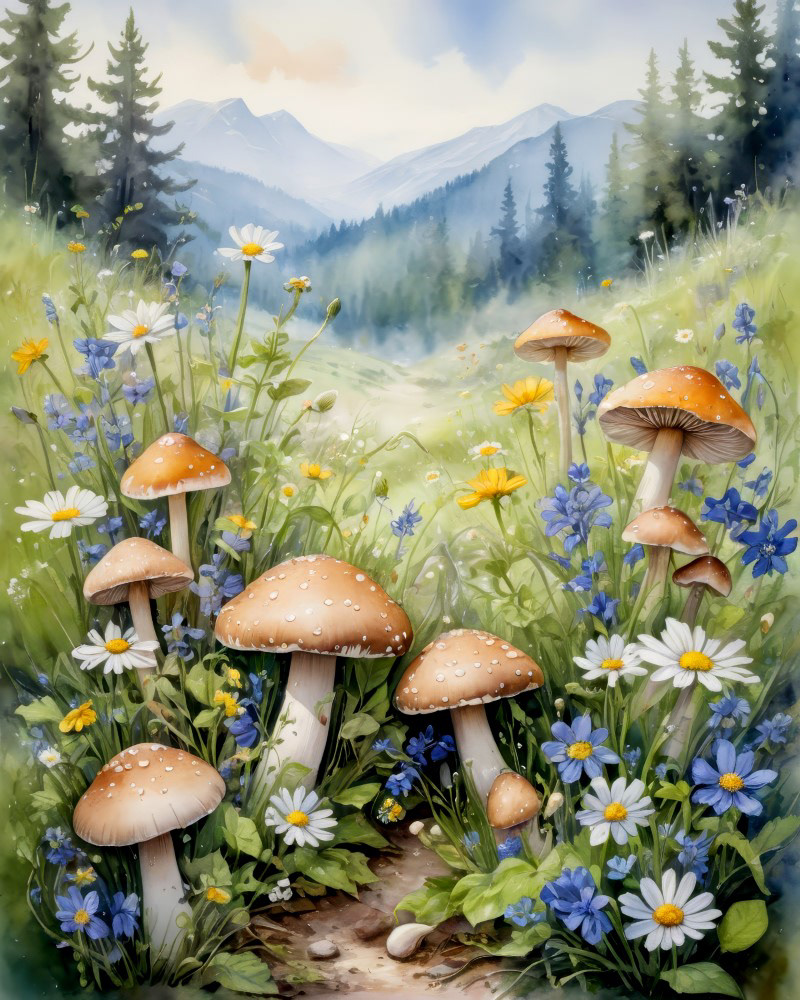 Wild Mushrooms in Blooming Meadow