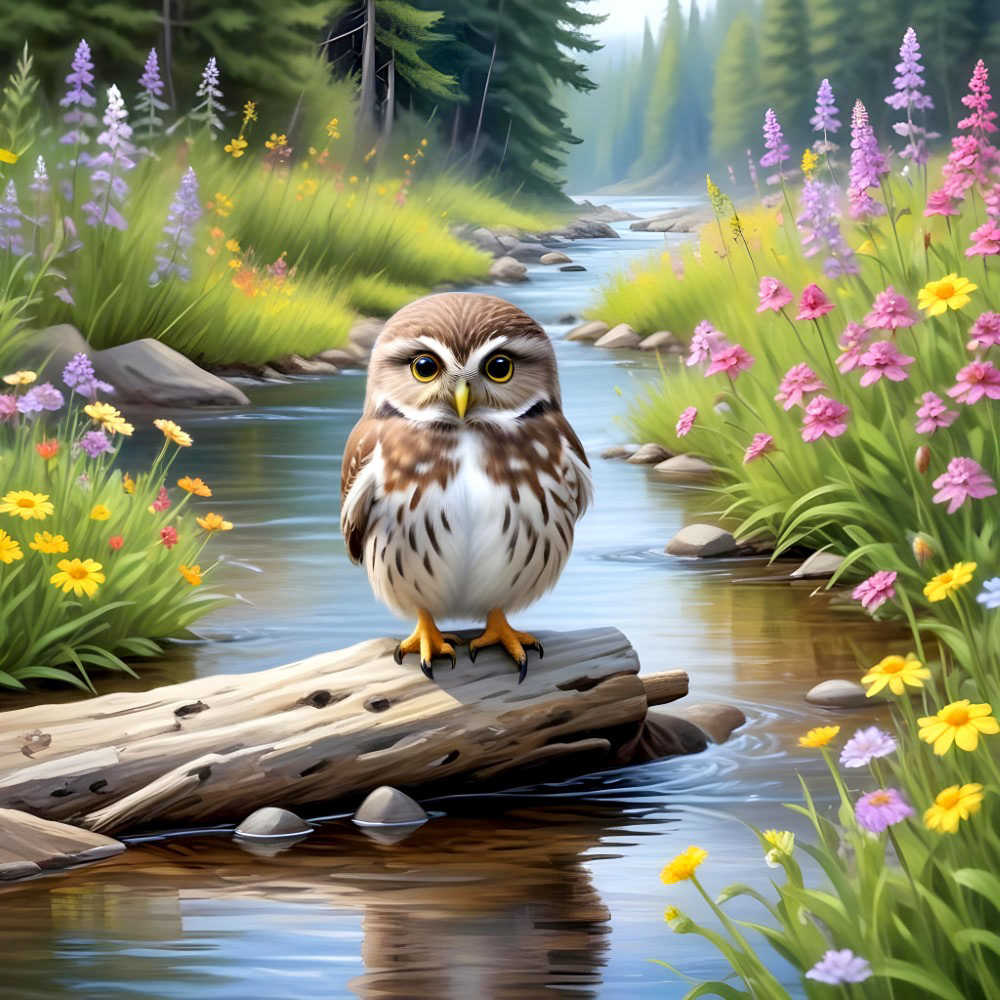 Springtime River With Saw Whet Owl