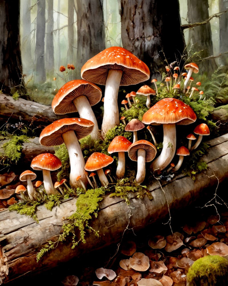 Mossy Log and Mushrooms