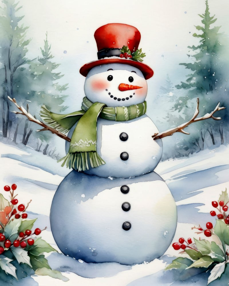 Snowman in a Frosty Pine Forest