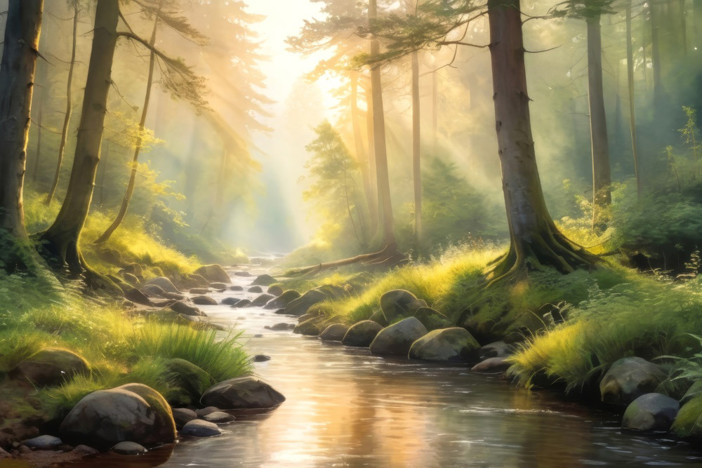 Misty Dawn and Quiet Stream