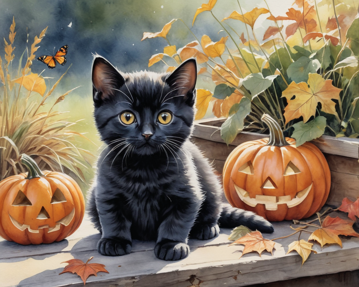 Black Kitten and Pumpkins