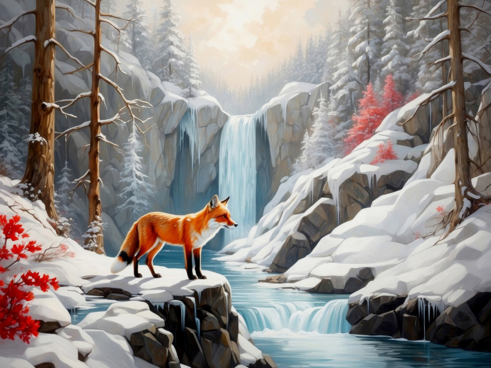 Red Fox and Frozen Waterfall