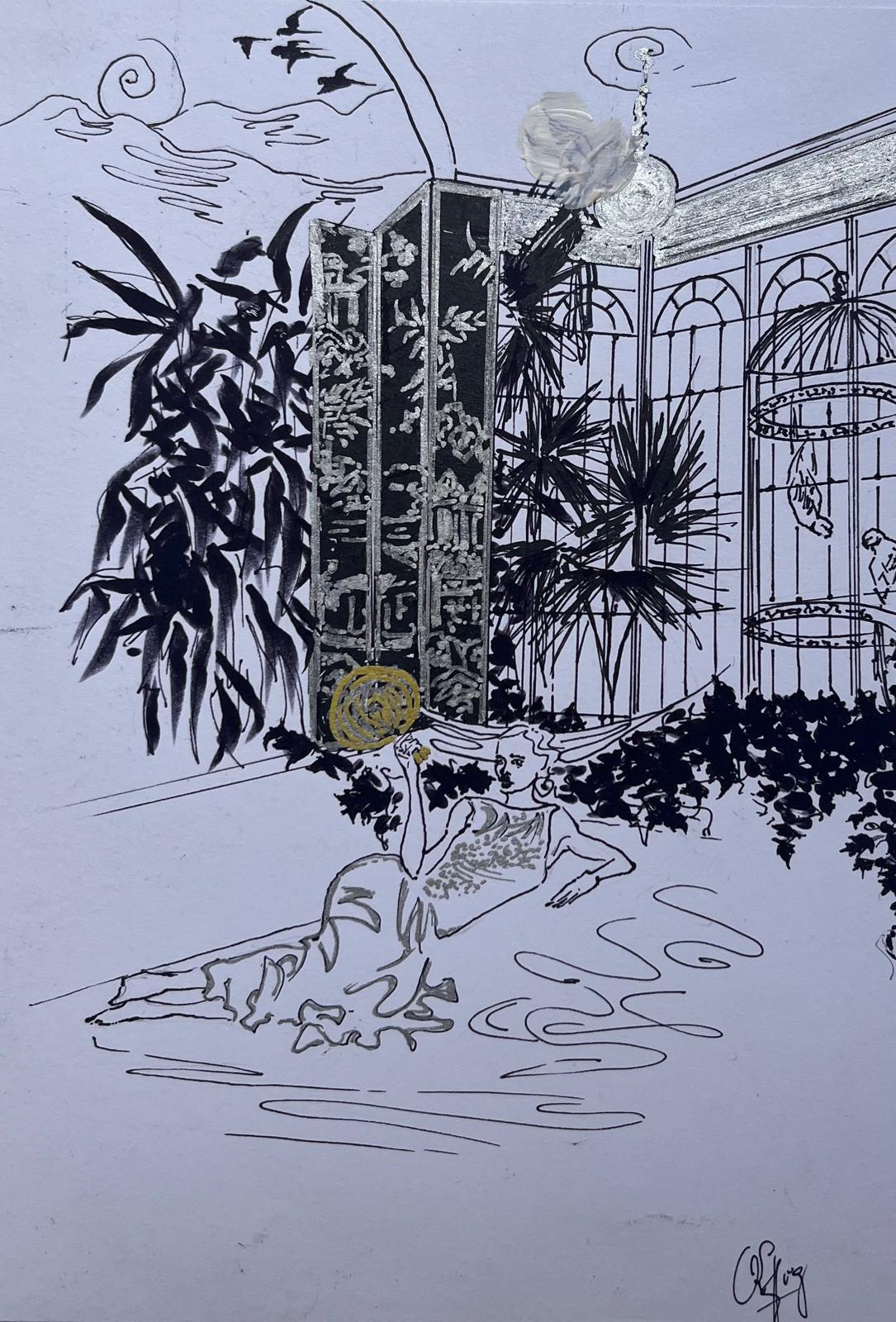 Pose éventail I Encre et acrylique sur papier (14x20 cm)