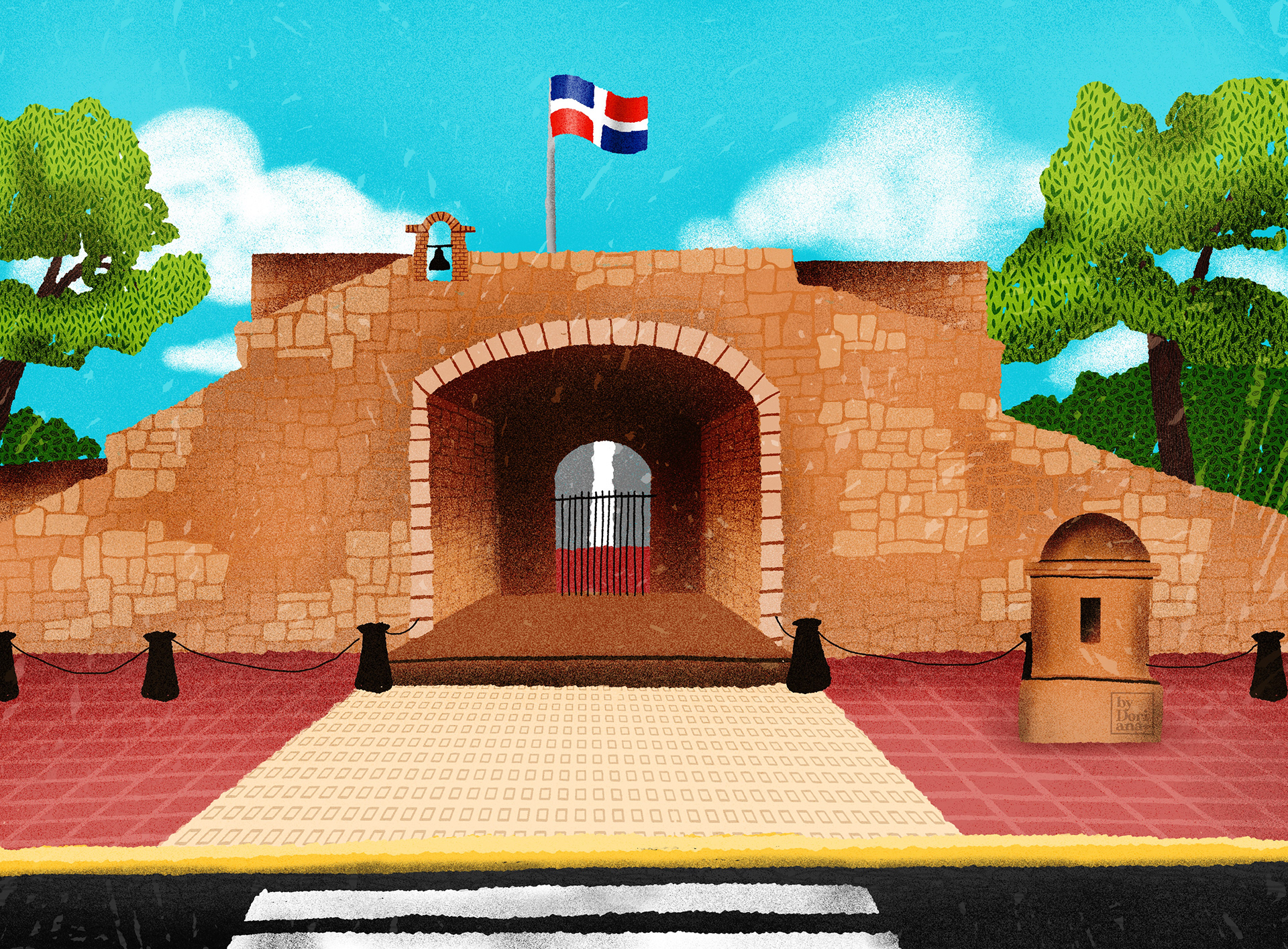 puerta del conde dibujo. ilustracion puerta del conde zona colonial. Dominican illustration. Santo Domingo colonial city