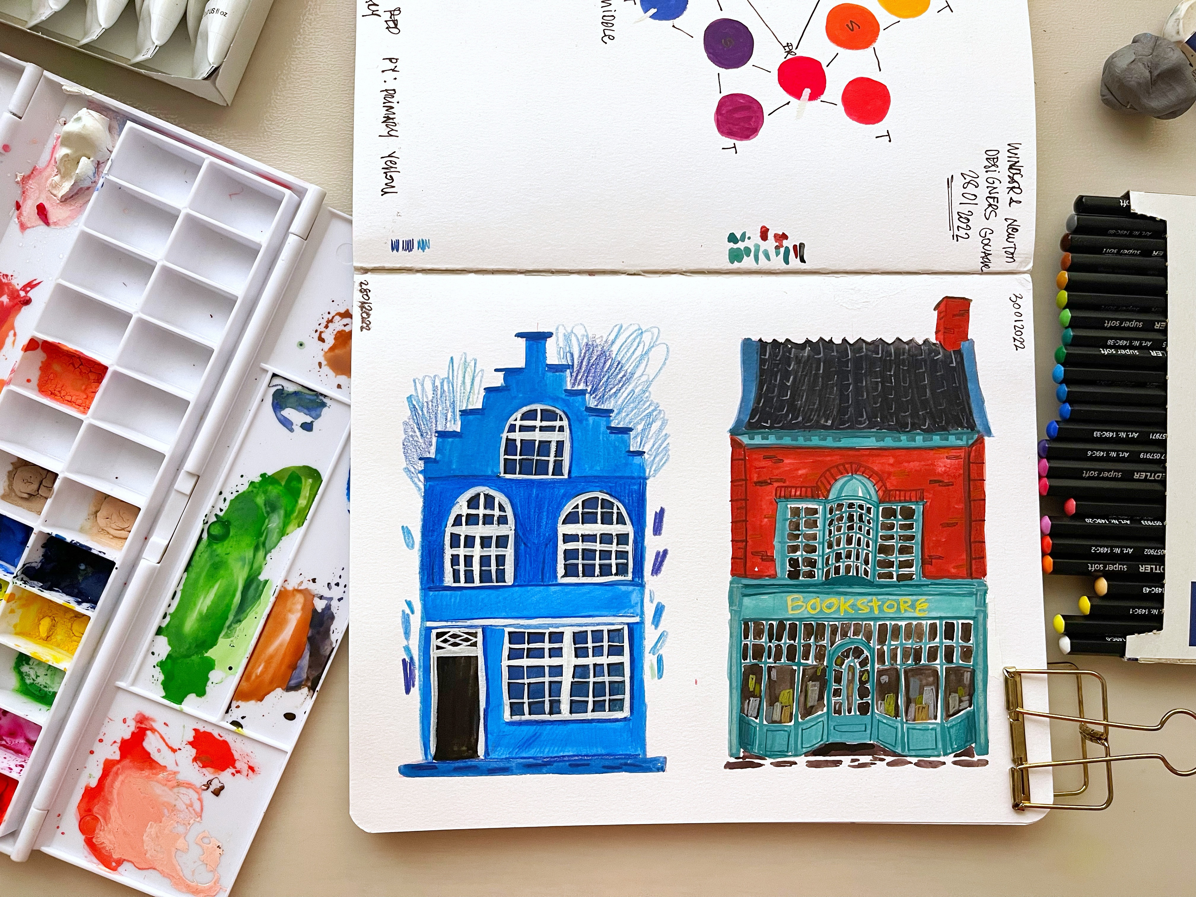 Building Storefront gouache and colored pencils illustrations