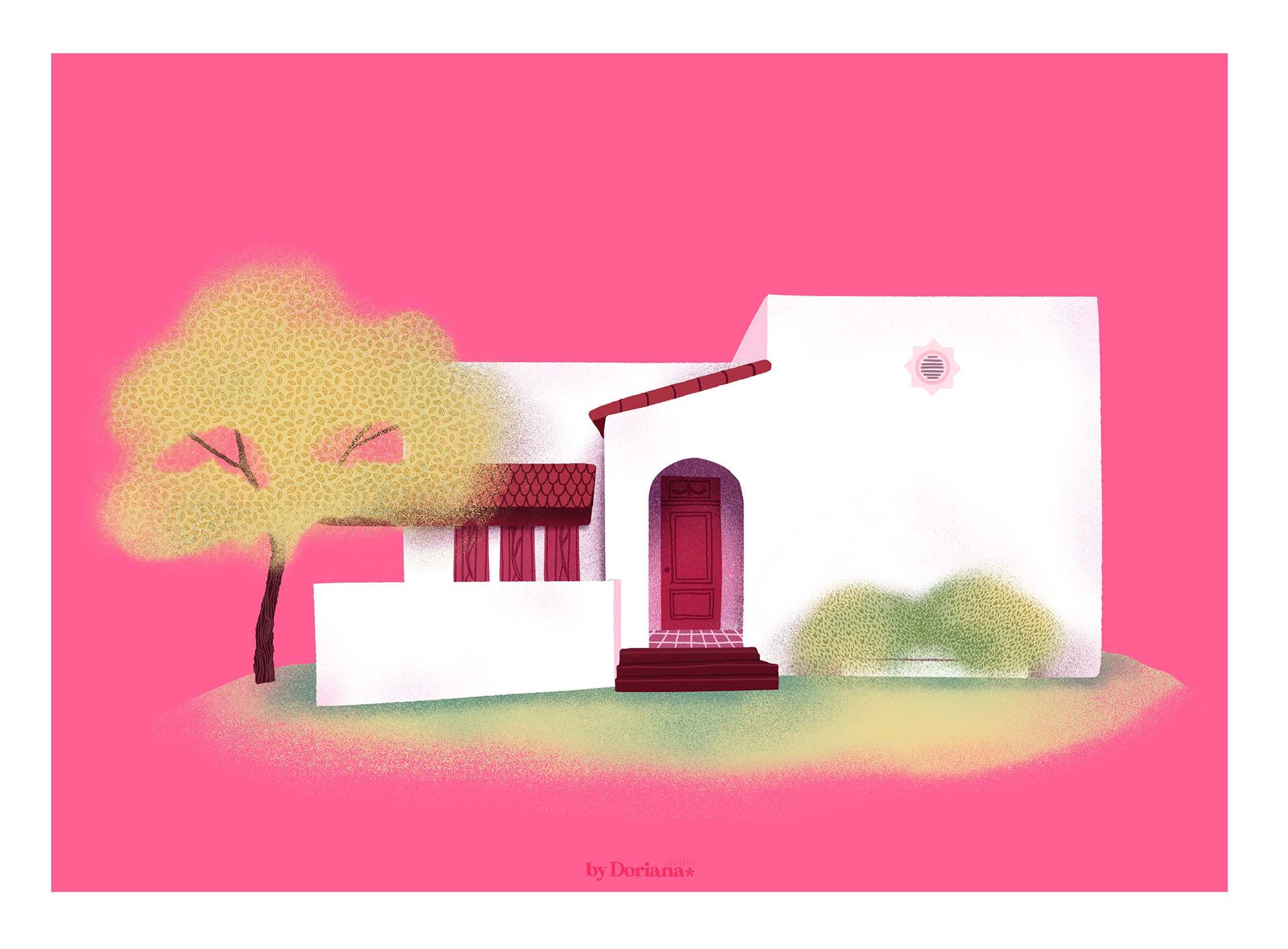 white house illustration in a fucsia pink background