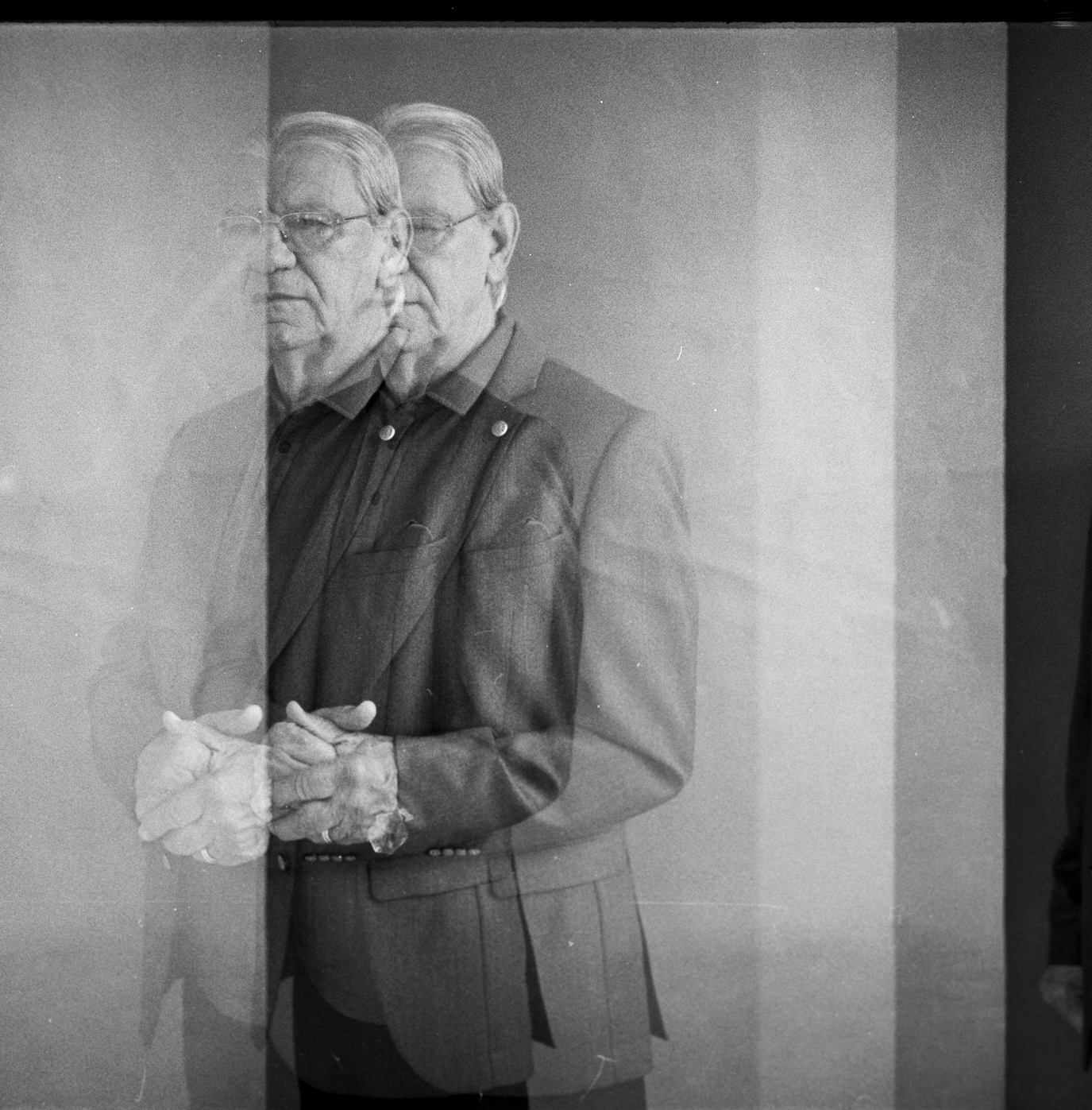 Multiple-exposure black-and-white portrait of Emerich Jenei, photographed by Alex Gâlmeanu.