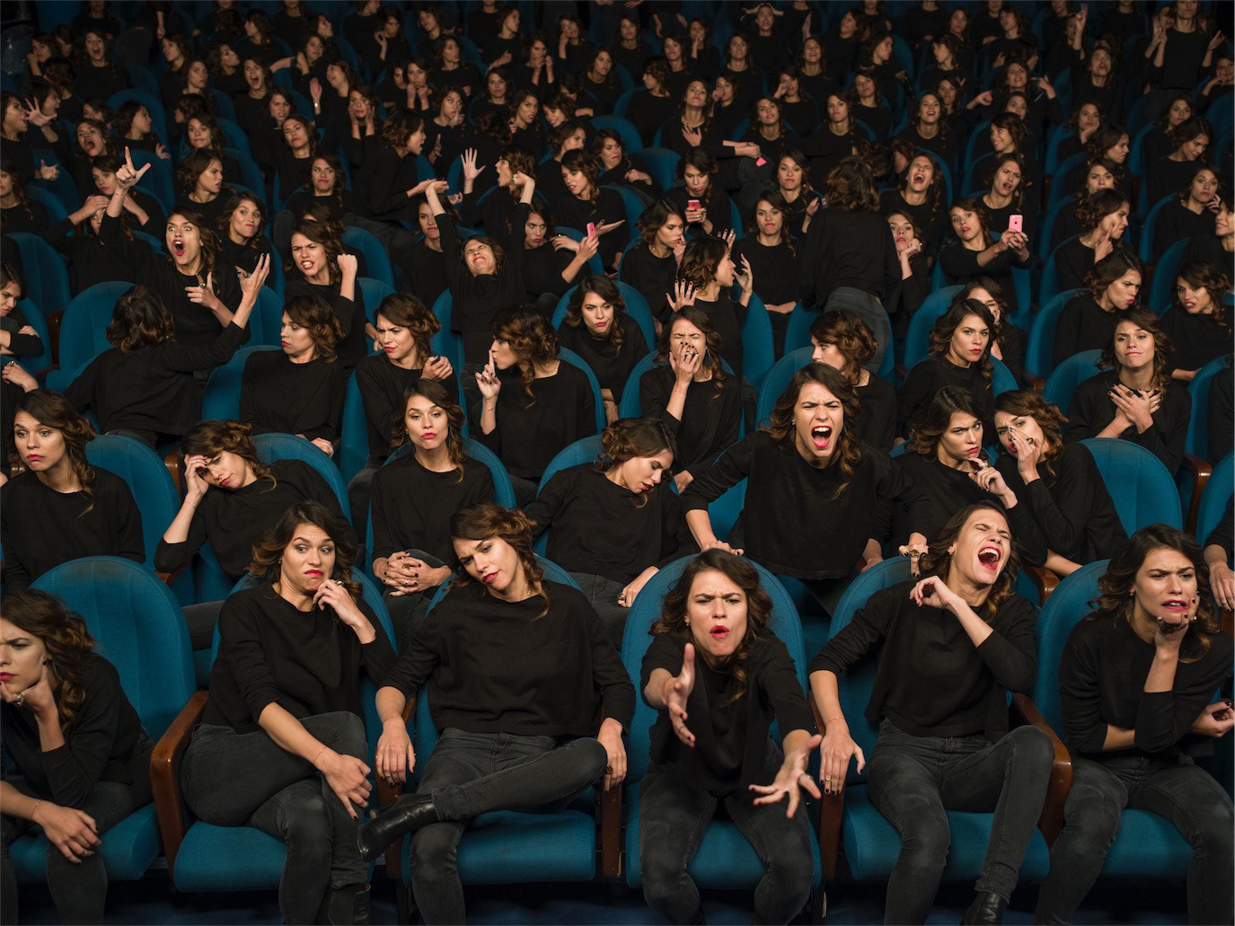 Composite portrait of Ana Ularu repeated across theatre seats in varied poses, photographed by Alex Gâlmeanu.