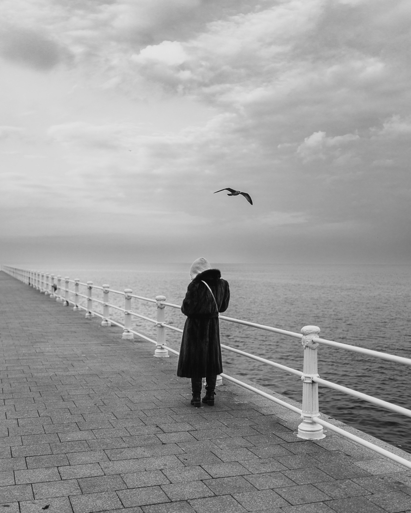 A solitary woman and a flying bird on the seafront in Constanța, Romania. Photograph by Alex Galmeanu.