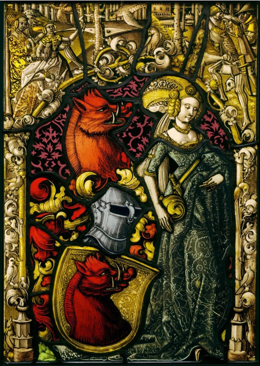 Unknown, Heraldic Panel with the Arms of the Eberler Family, 1490, Pot-metal, flashed, and colorless glass, vitreous paint, and silver stain; lead came