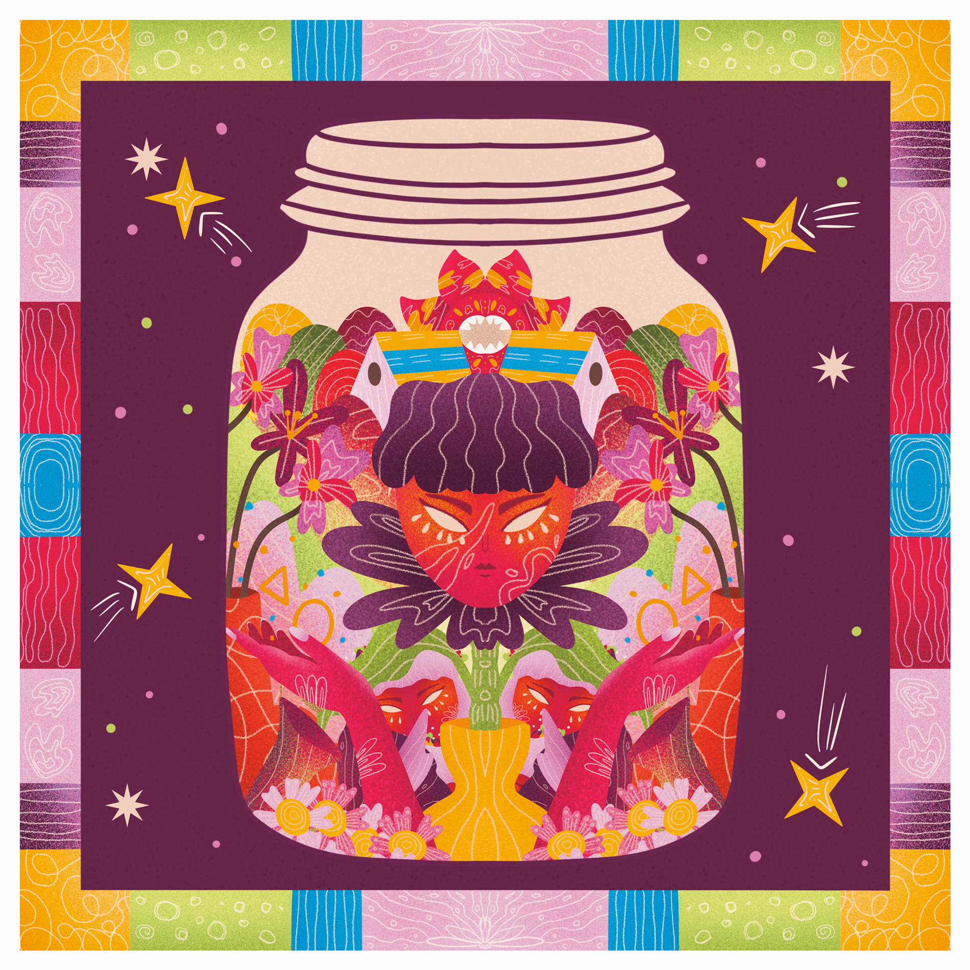 Endangered indonesian flora and fauna in a jar that is still home and protected with flowers with faces and floating heads