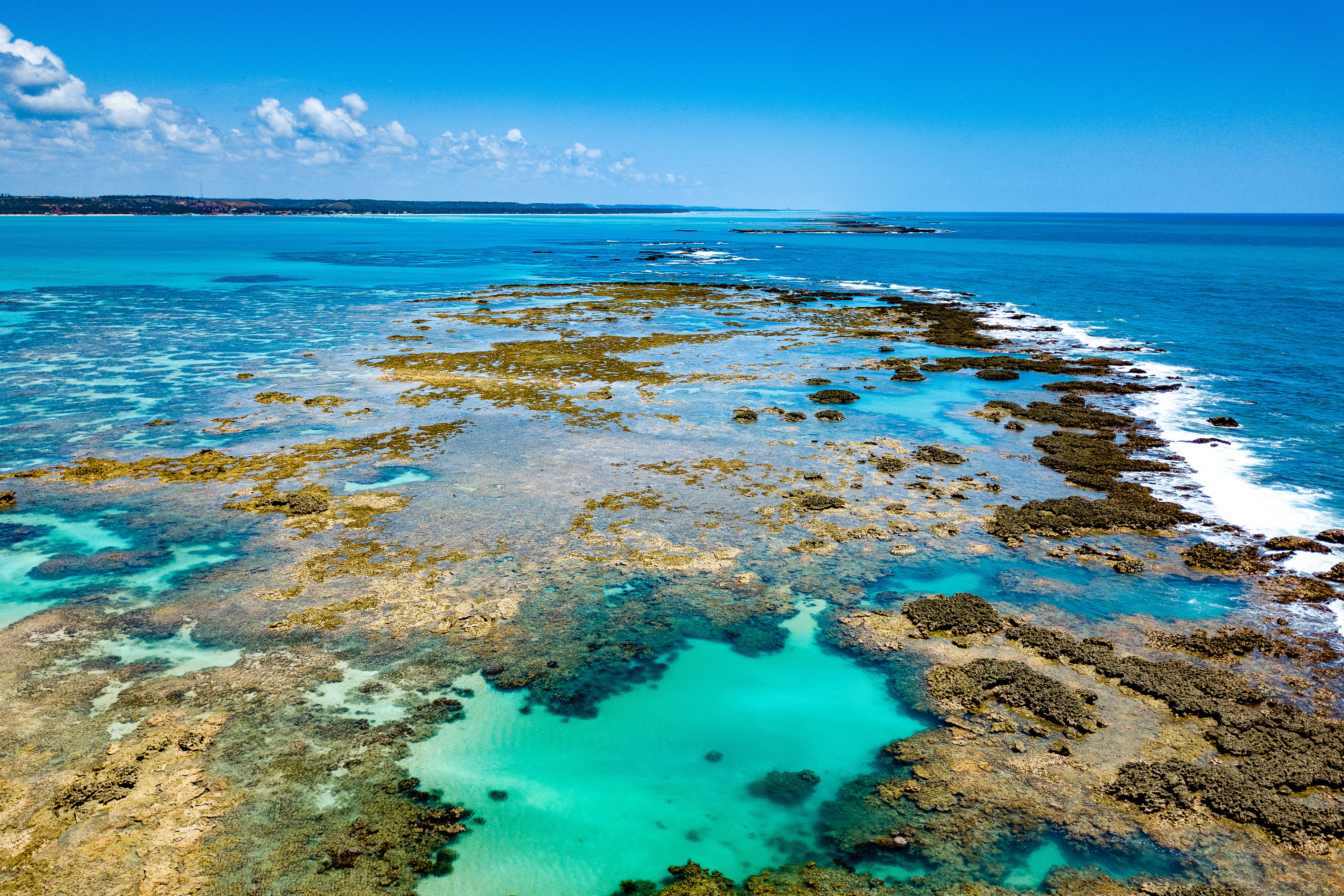    "Vista aérea das piscinas naturais de Maragogi em Alagoas com águas azul-turquesa e formações de corais visíveis, mar calmo se estendendo até o horizonte e faixa de costa ao fundo sob céu azul com nuvens dispersas.