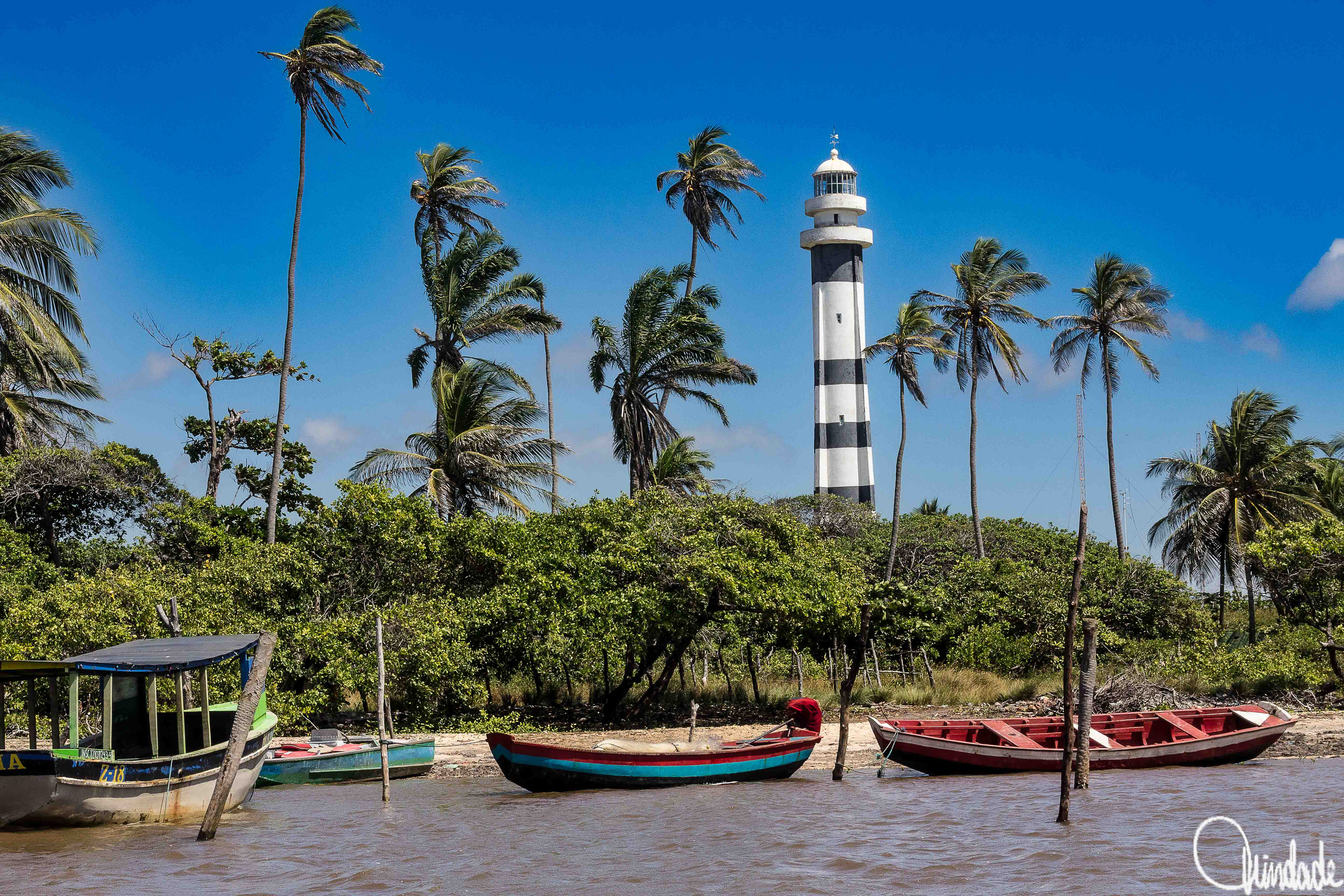 Barcos de madeira atracados em águas rasas diante de vegetação com palmeiras, tendo ao fundo o farol de Mandacaru em listras pretas e brancas sob céu azul ensolarado, na foz do rio Preguiças (MA).