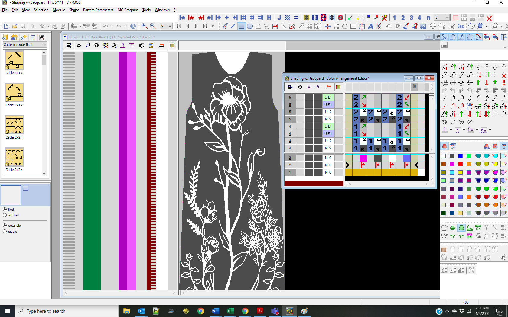 Color Arrangement to Indicate Jacquard and Shaping