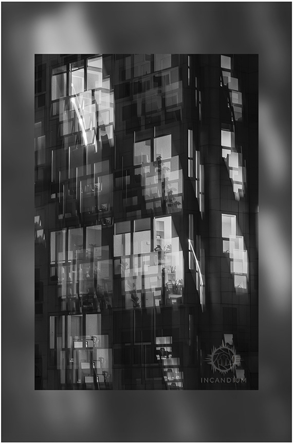 Repetitive Reminiscence - What you see outside reappears within. A familiar façade is broken into repeating frames, allowing a single evening to exist in several possible outcomes at once. ($100)