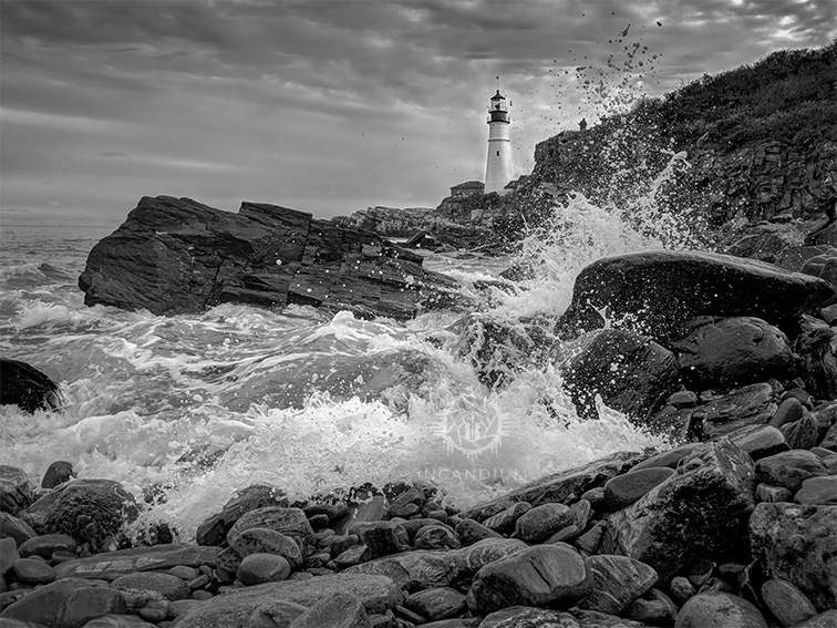 Resistance Study - This image captures the force of water at its most volatile: spectacular, powerful, and dangerous. The lighthouse stands as a quiet presence of surveillance and protection, marking the tension between control and the relentless energy of the sea. ($400)