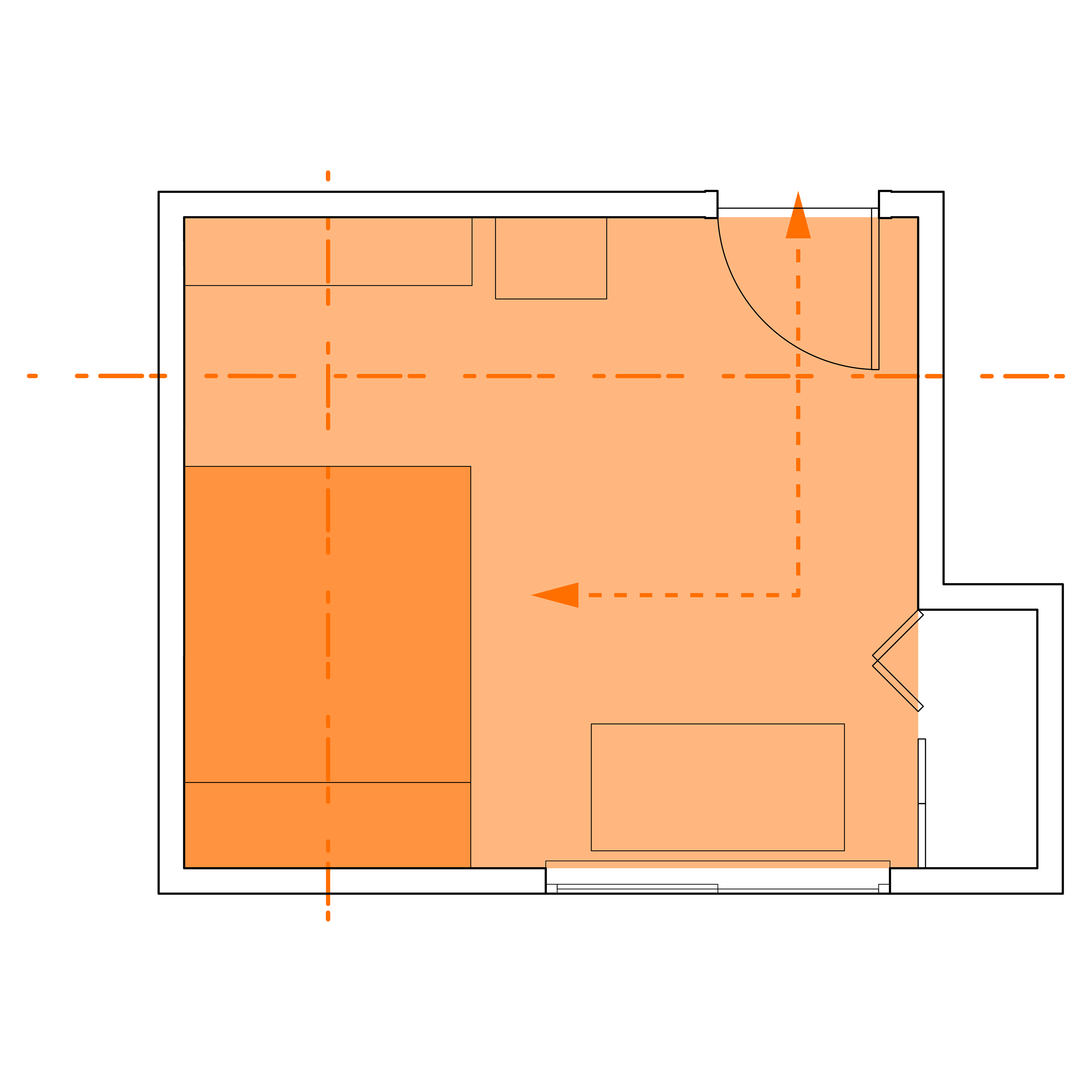 This organizational diagram highlights the circulation line and lines of symmetry in the space, and also the private (darker orange) and functional zones. One line of symmetry runs lengthwise through the bed and dresser, while the other divides the space between the two.