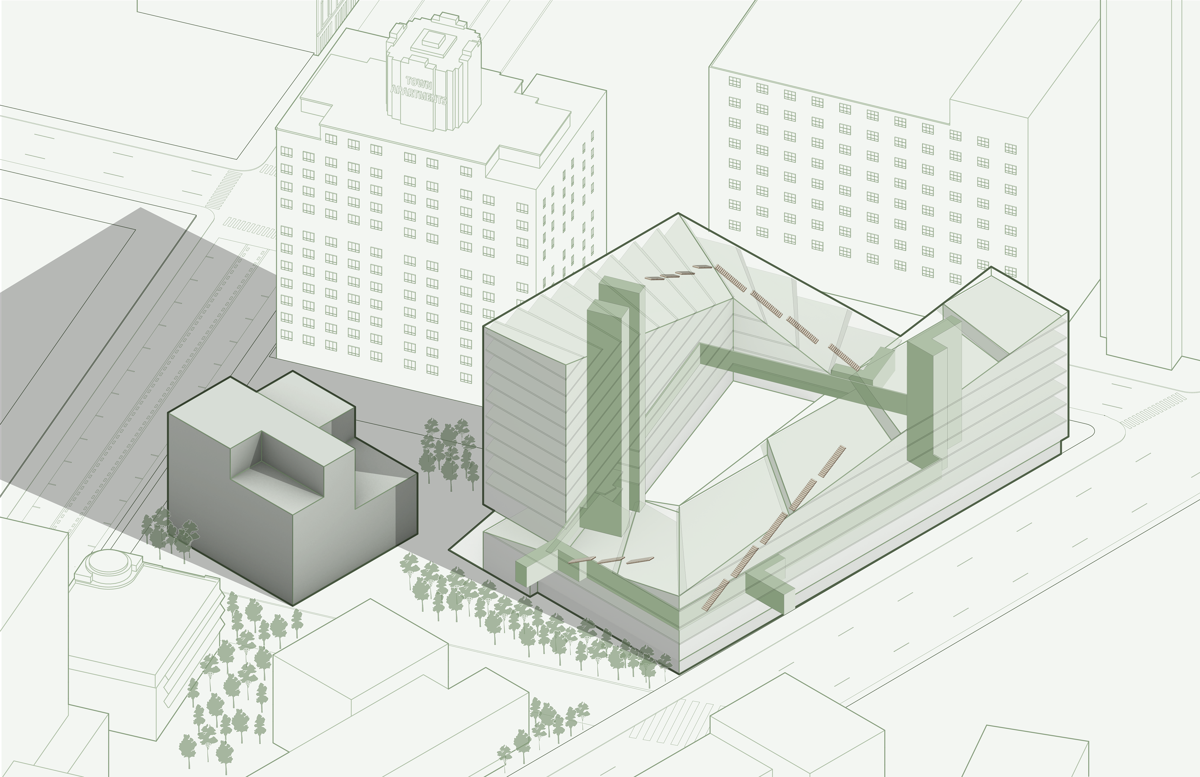 Diagram highlighting the circulation within the building, showing the elevator and stair cores as well as the twisting stairs.