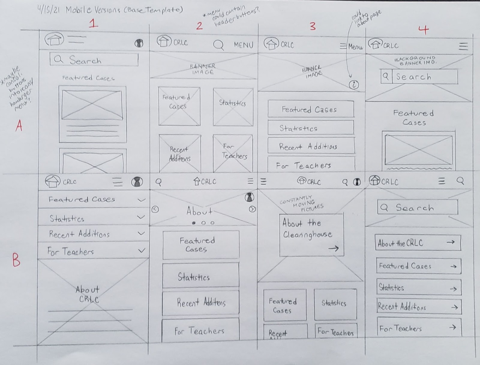 Initial sketches addresssing the creation of a mobile site layout.