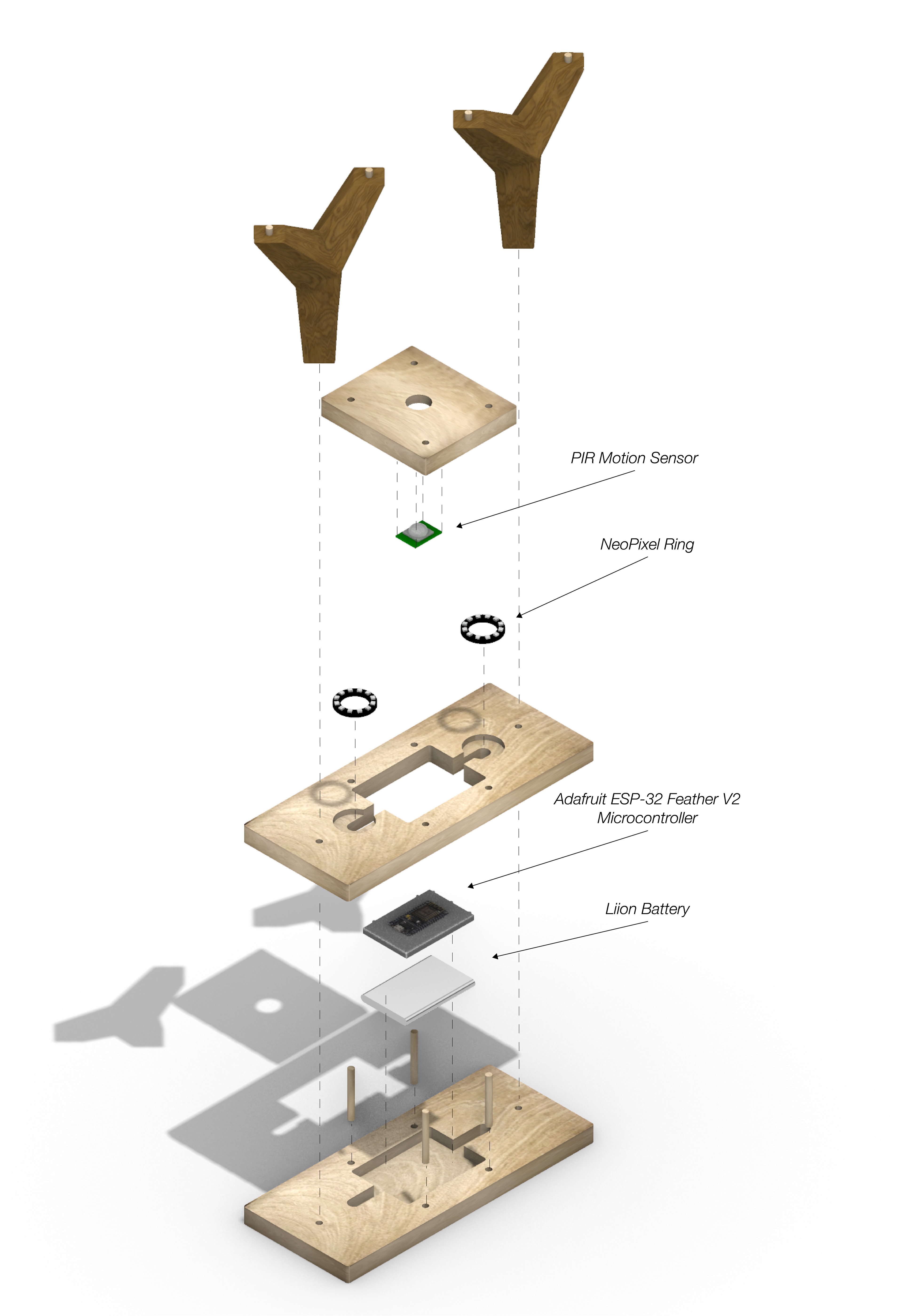 Exploded Axonometric view of the final assembly showcasing the base and integrated electronics.