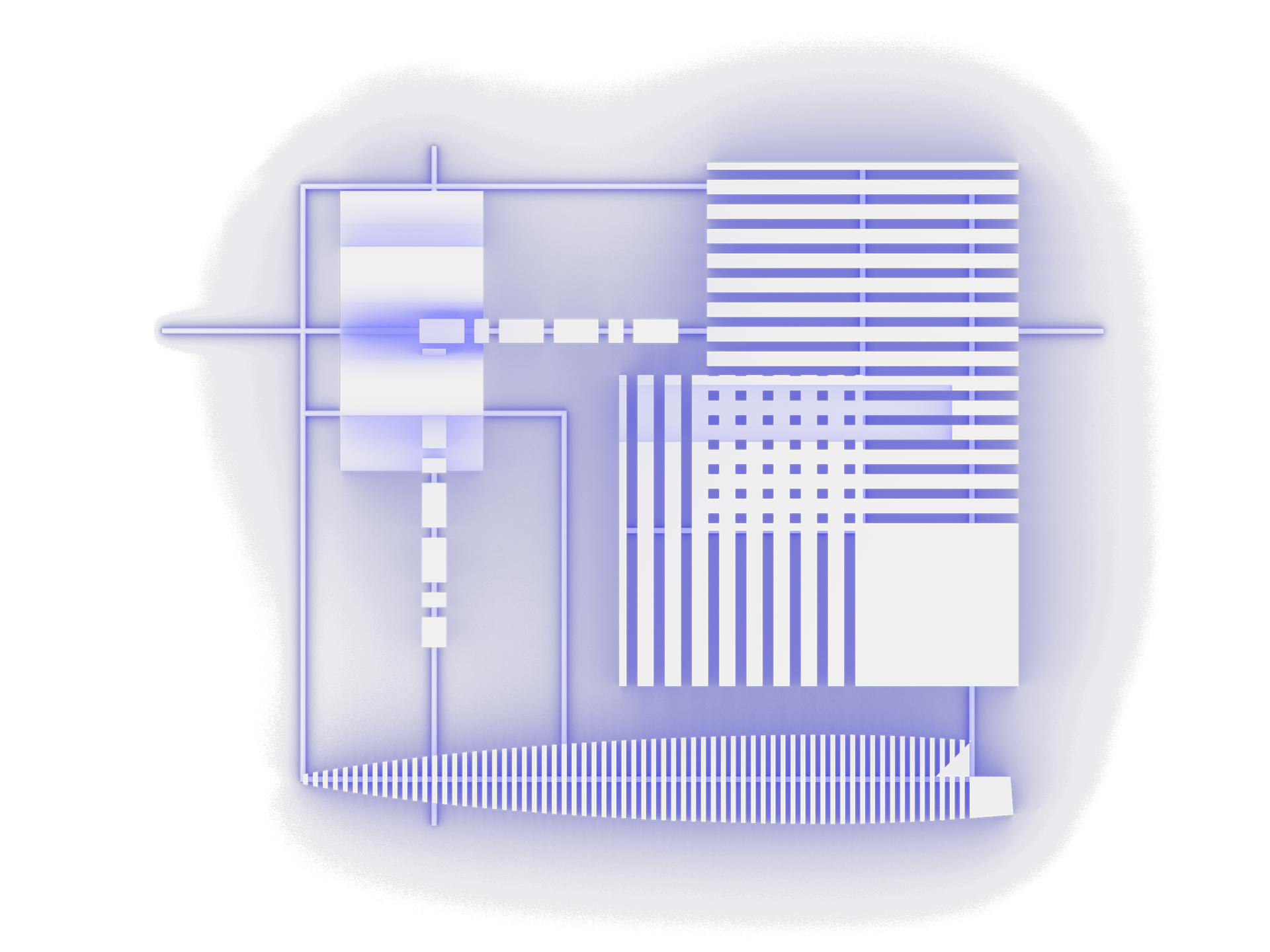 The illustration’s blocksfrom the previous section have been extruded to multiple heights—with the right and bottom being the least extruded to the top left being extruded the furthest. In the top left, a rotated asterisk extrusion can be seen, while in the top right, a grid-like pattern created by the intersection of lines can be seen. The density of the form is at its peak in the top portion, and differs from the sparsely populated bottom/middle portions.