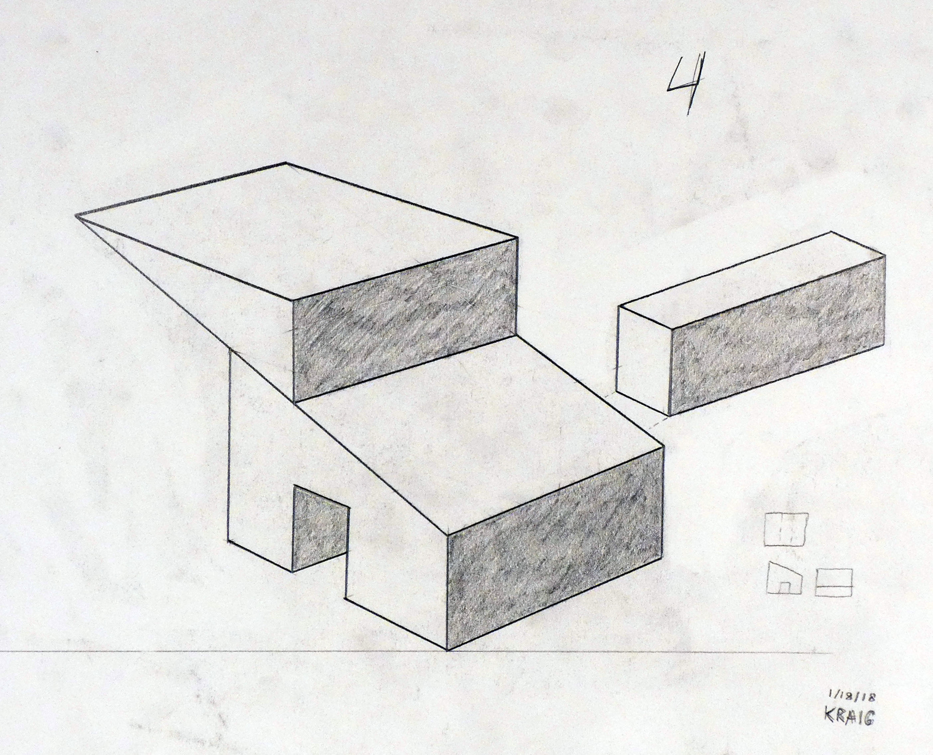 Sliced Shapes (2018) Classwork, Instructor: Bill Burgard. In this piece, titled “Sliced Shapes”, a greater understanding of form and shape was created through the incorporation of light and shadow. This piece was made through the usage of various lead pencil grades and sketch paper.
