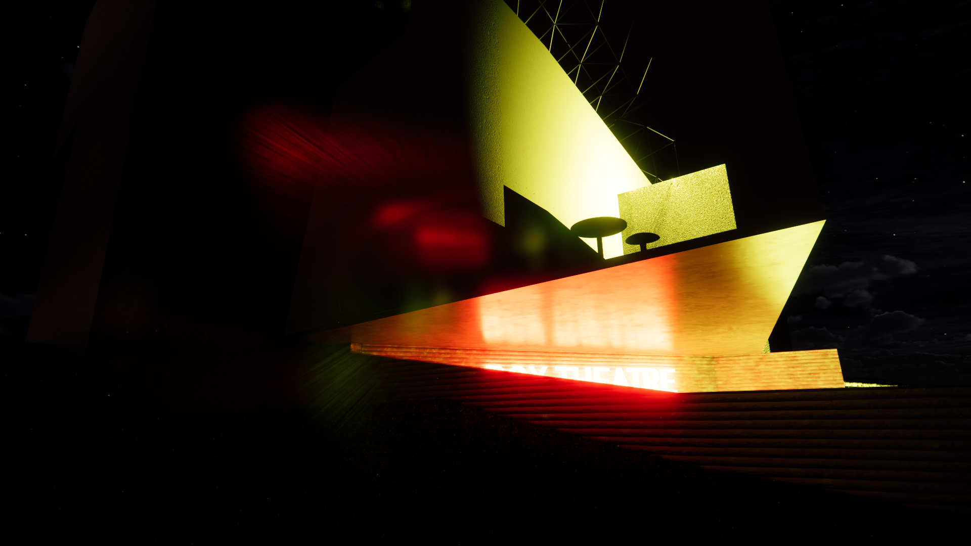 An outer view at night, showcasing the neon glow of the marquee and internal lights.