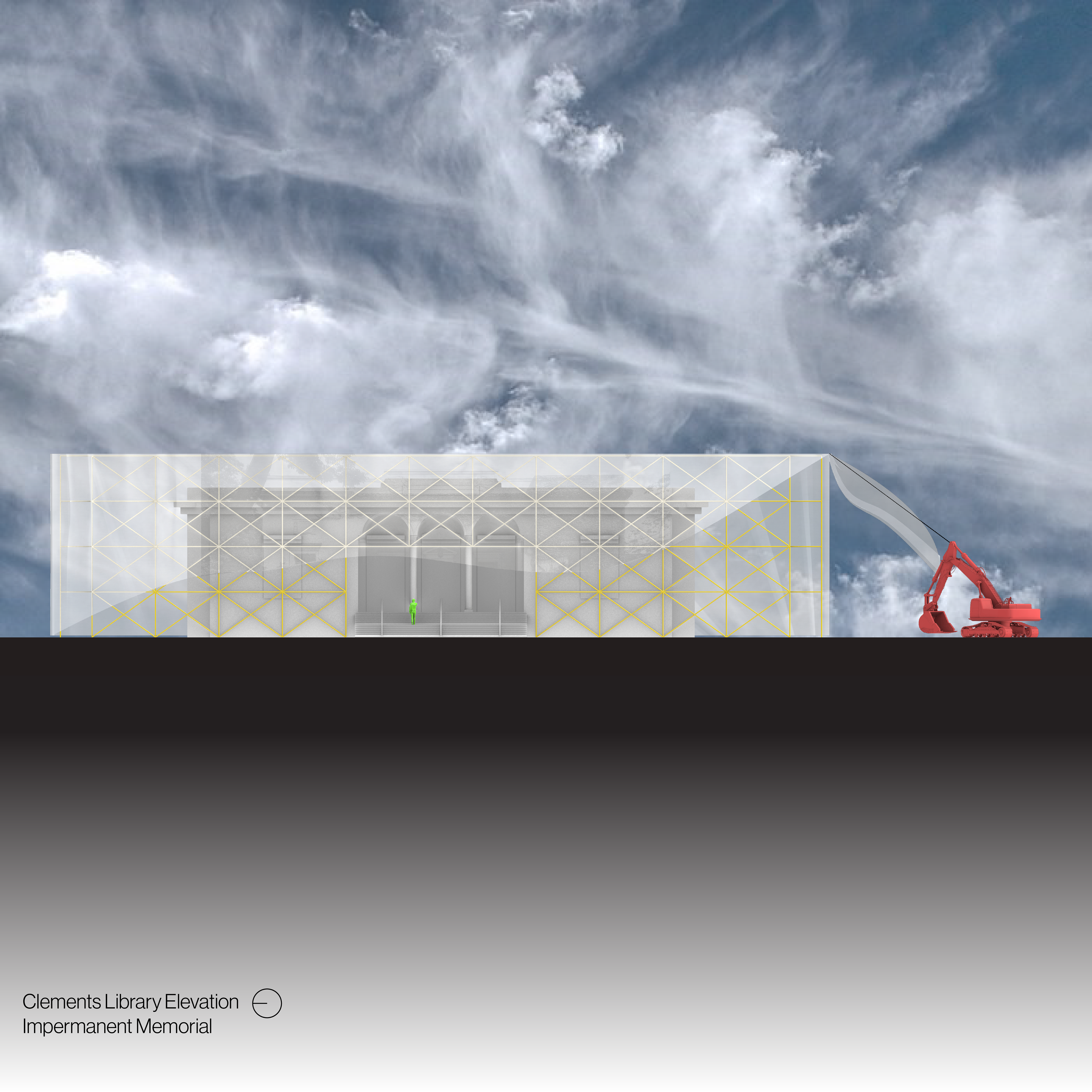 Impermanent Memorial individual design. This proposed outcome places the Library behind a transparent scrim and scaffolding in order to exaggerate the inaccessibility of the space in the present, while referencing the ironic nature of its past and interior contents.