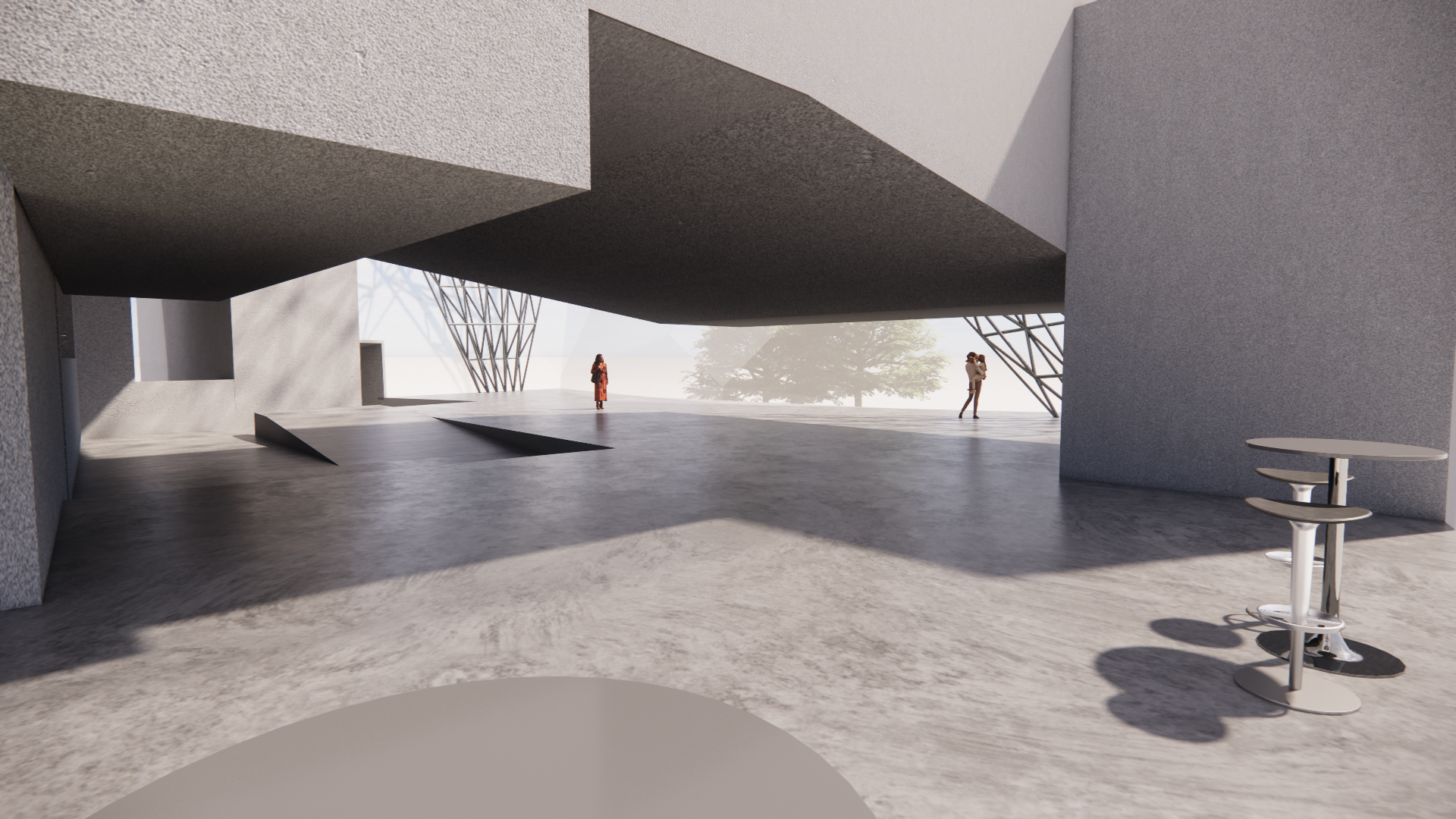 A view captured from beneath the theater volume.
