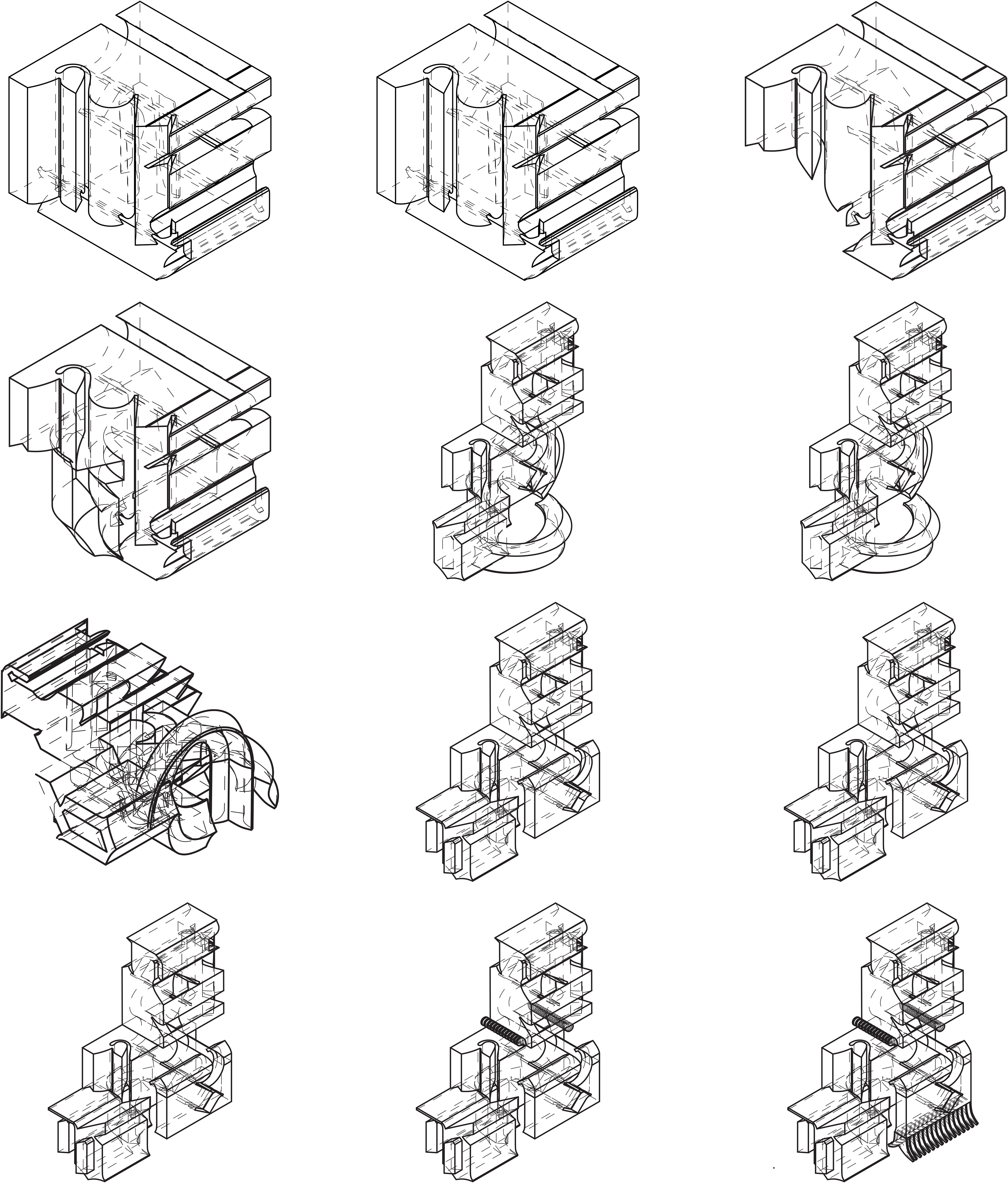 Procedural axonometric views of the subtractive process.
