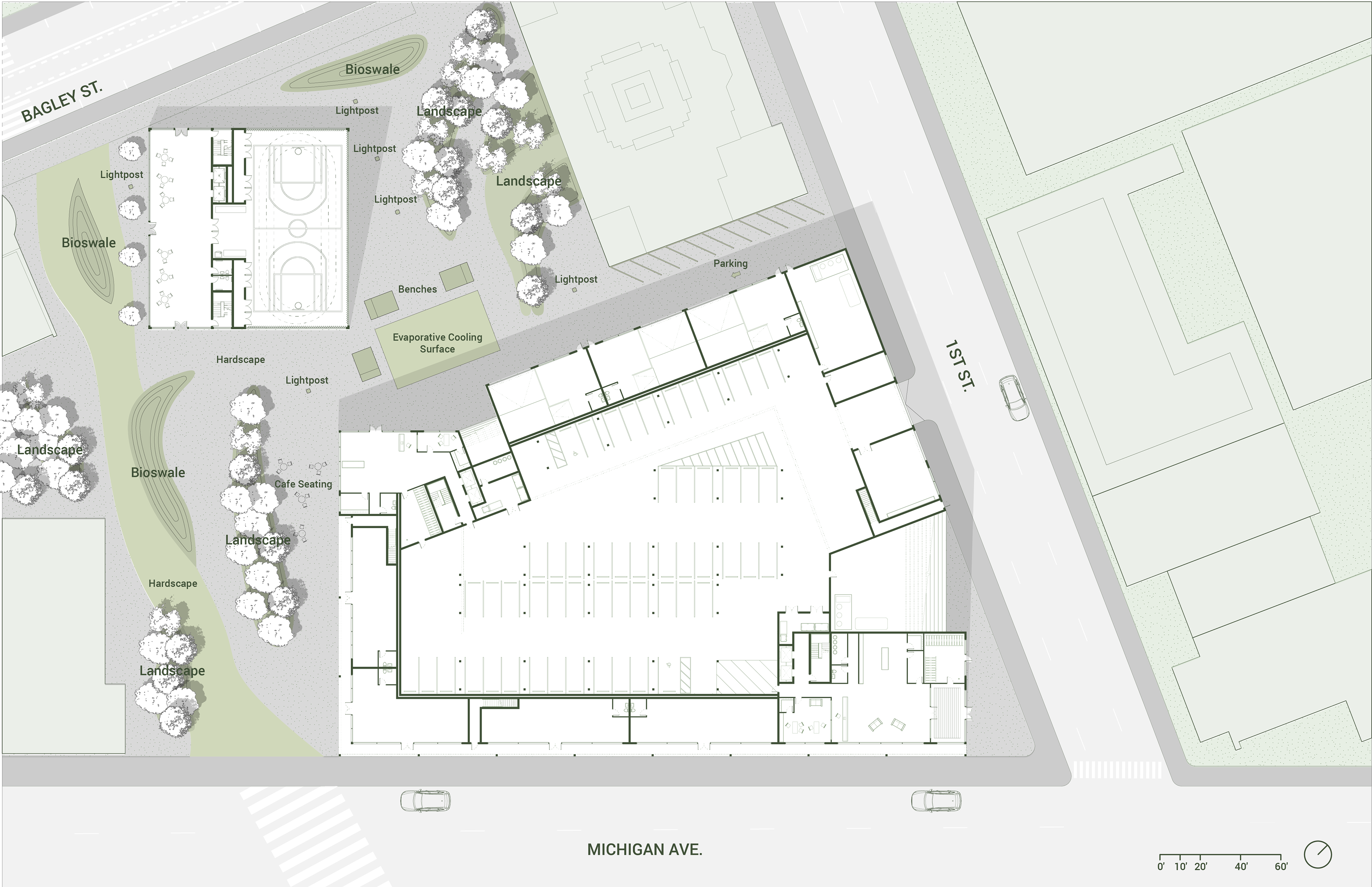 Ground floor plan showcasing the underground parking structure.