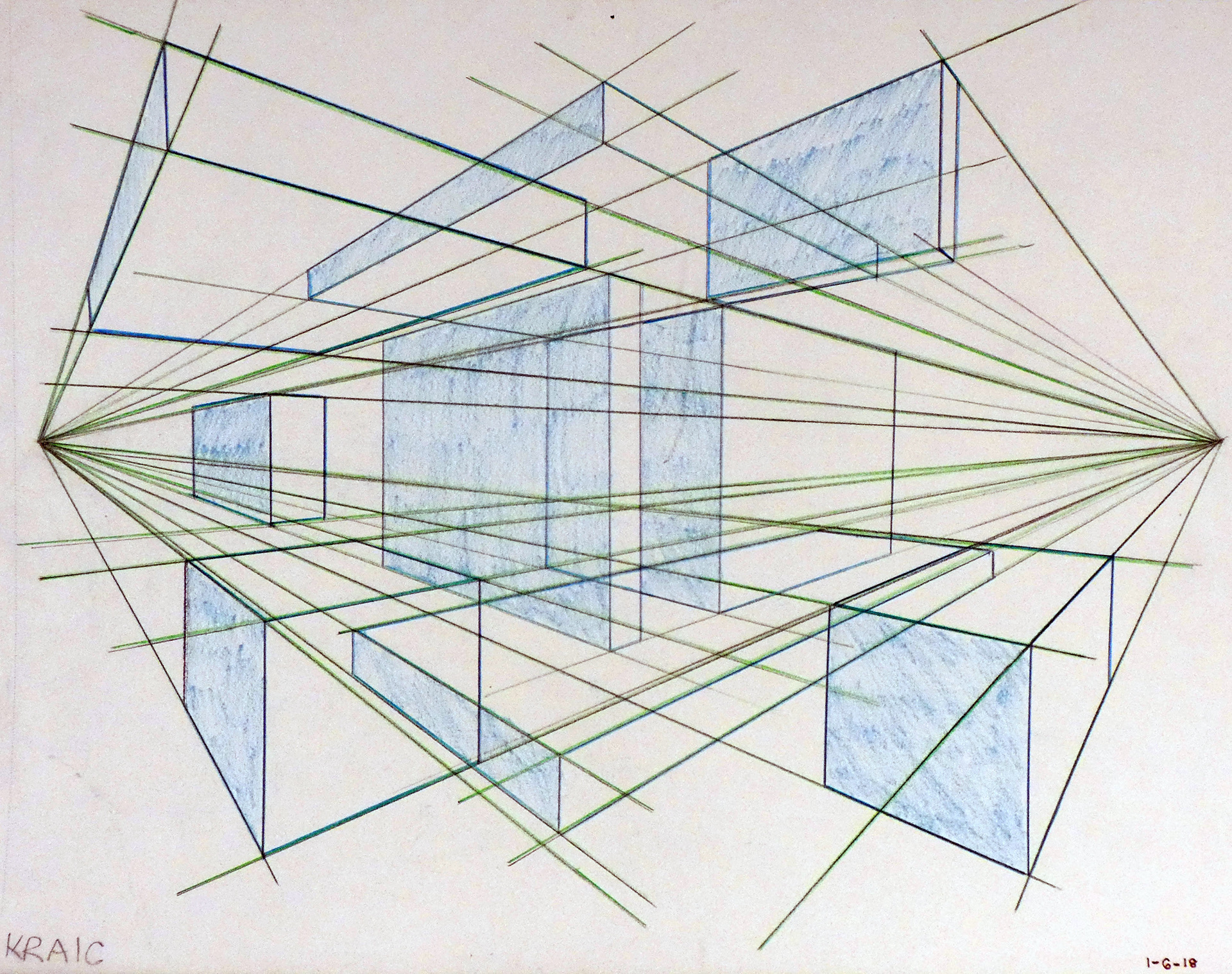 Floating Boxes (2018) Classwork, Instructor Bill Burgard. My piece, titled “Floating Boxes” is a study into the way in which shapes appear from various angles. This work was made with the intention of becoming familiar with using a two-point horizon line. This work was created through various colored pencils and sketch paper.