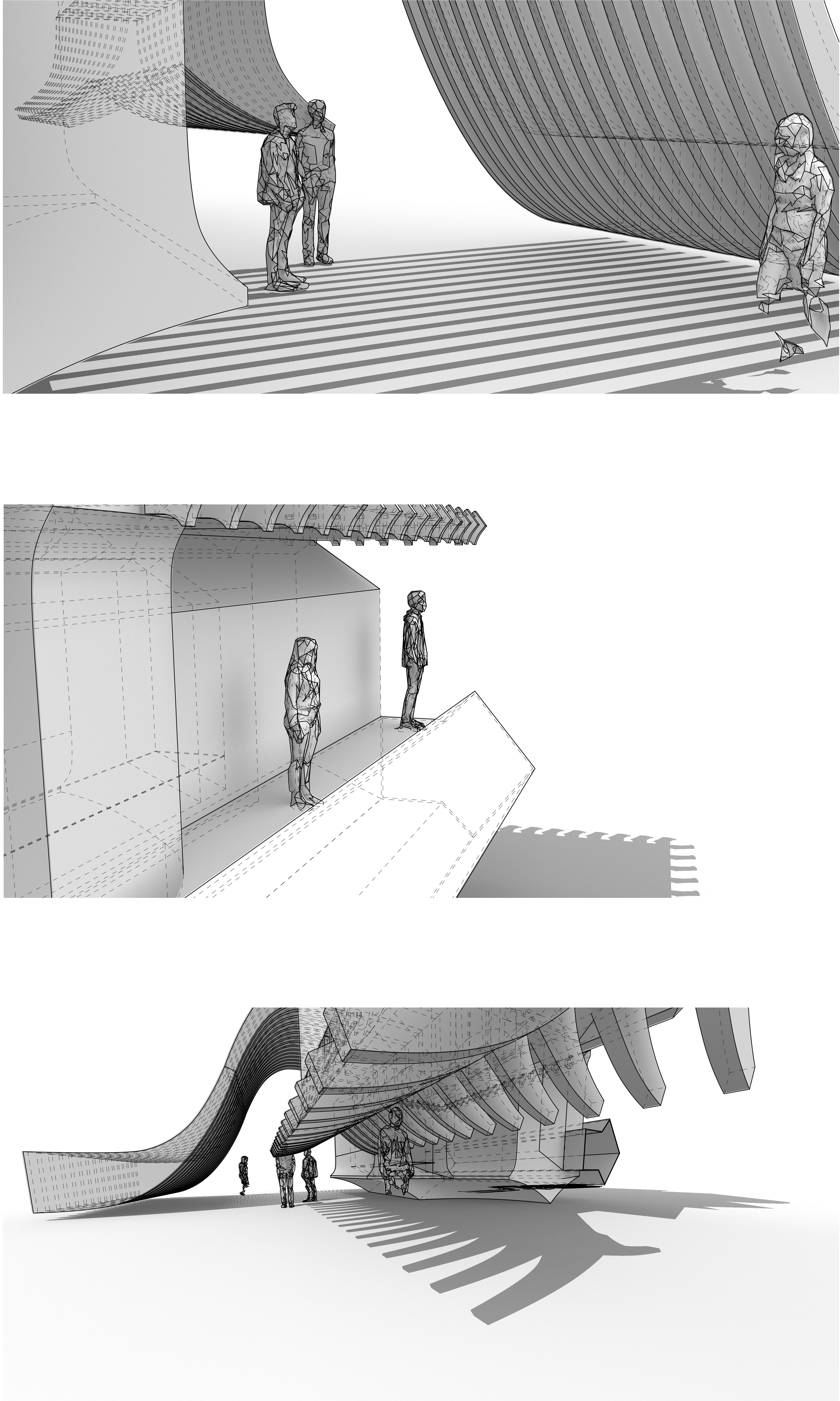 Three spatial renderings (Top to bottom: Large, Intimate, Transitory)