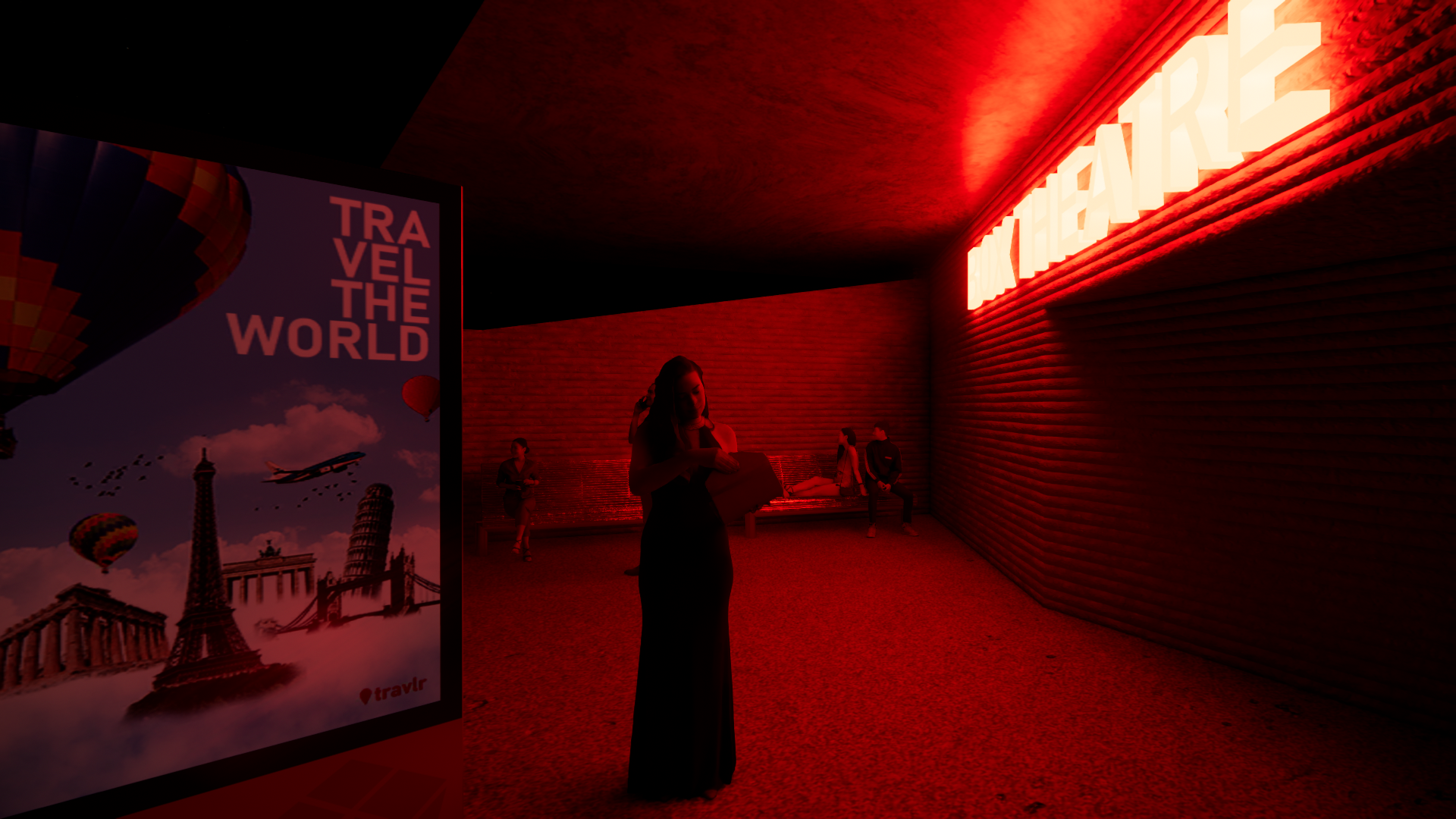 Rear entrance and marquee at night.