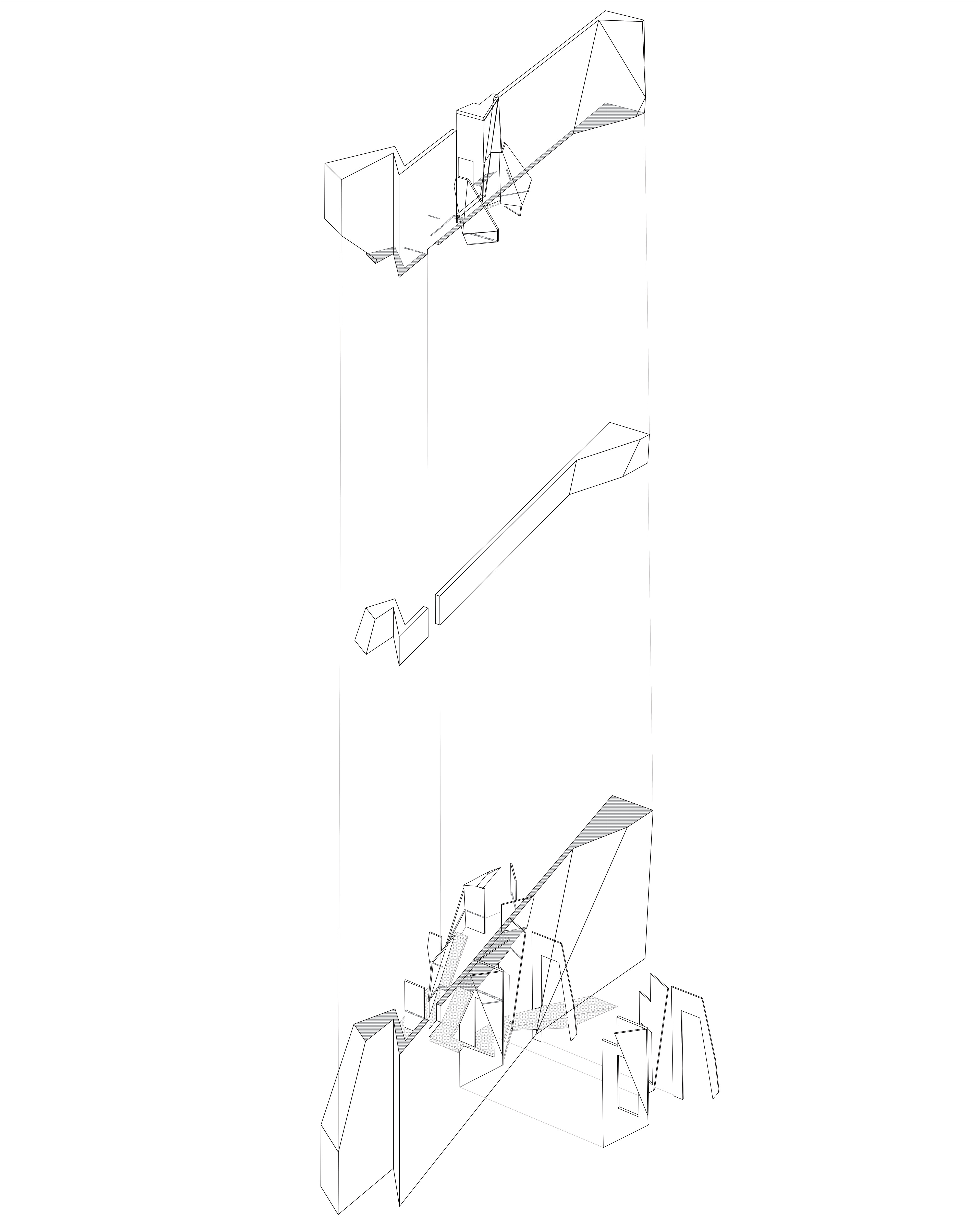 Exploded Axonometric View of the Wall Project. This image showcases the promenade which one will traverse in experiencing the wall.
