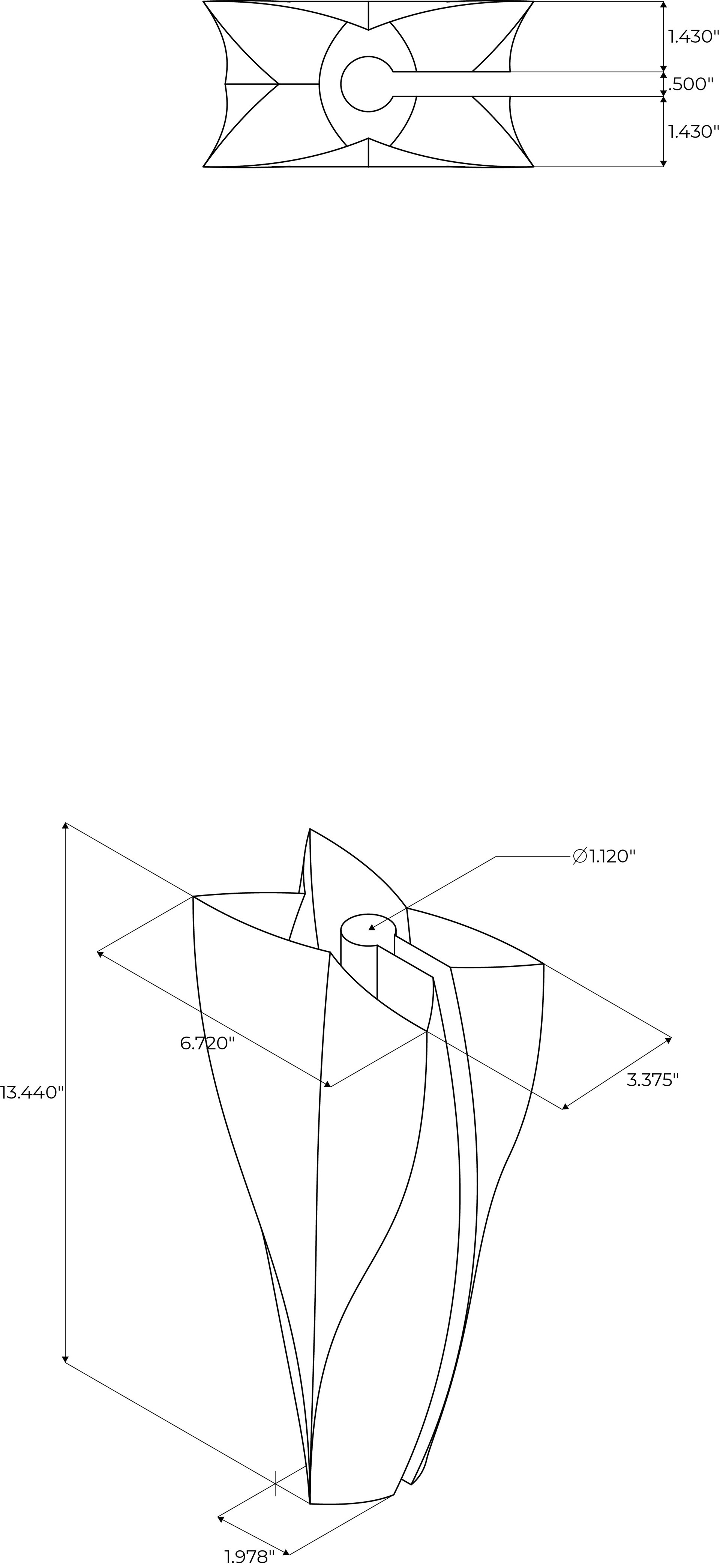 A dimension drawing of the final x-shaped ceramic module.