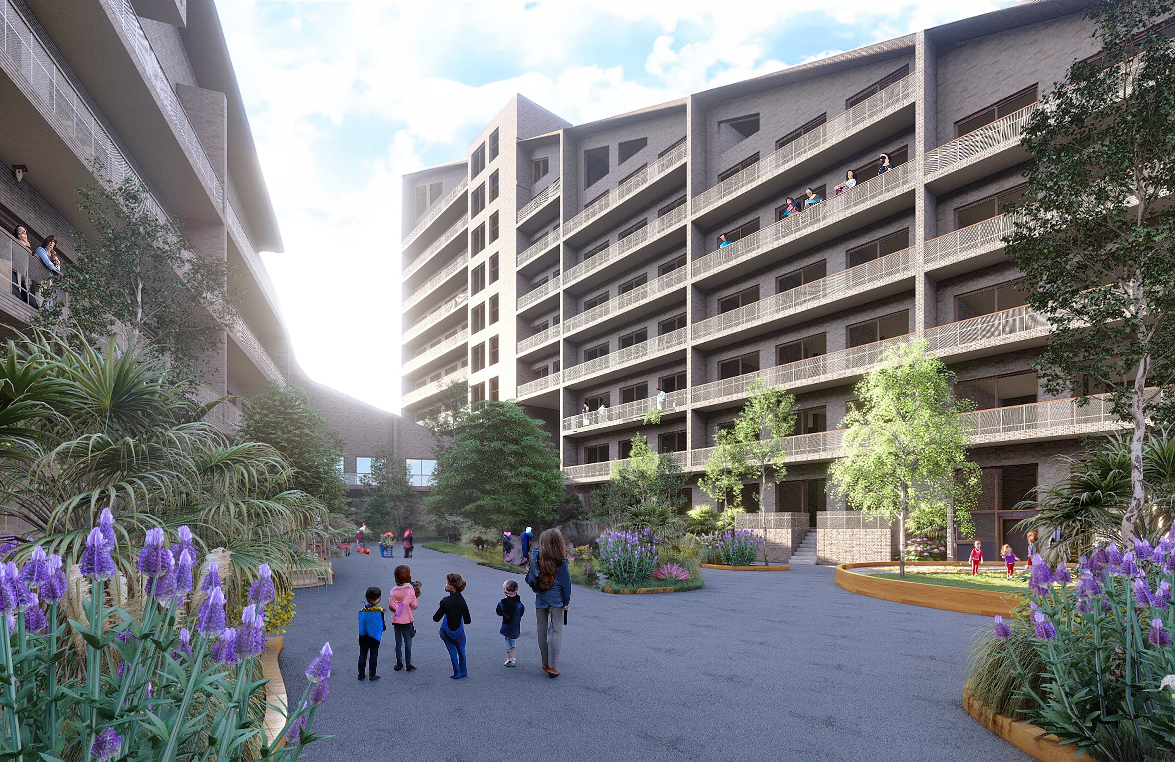 Rendering showcasing the courtyard of the apartment complex.