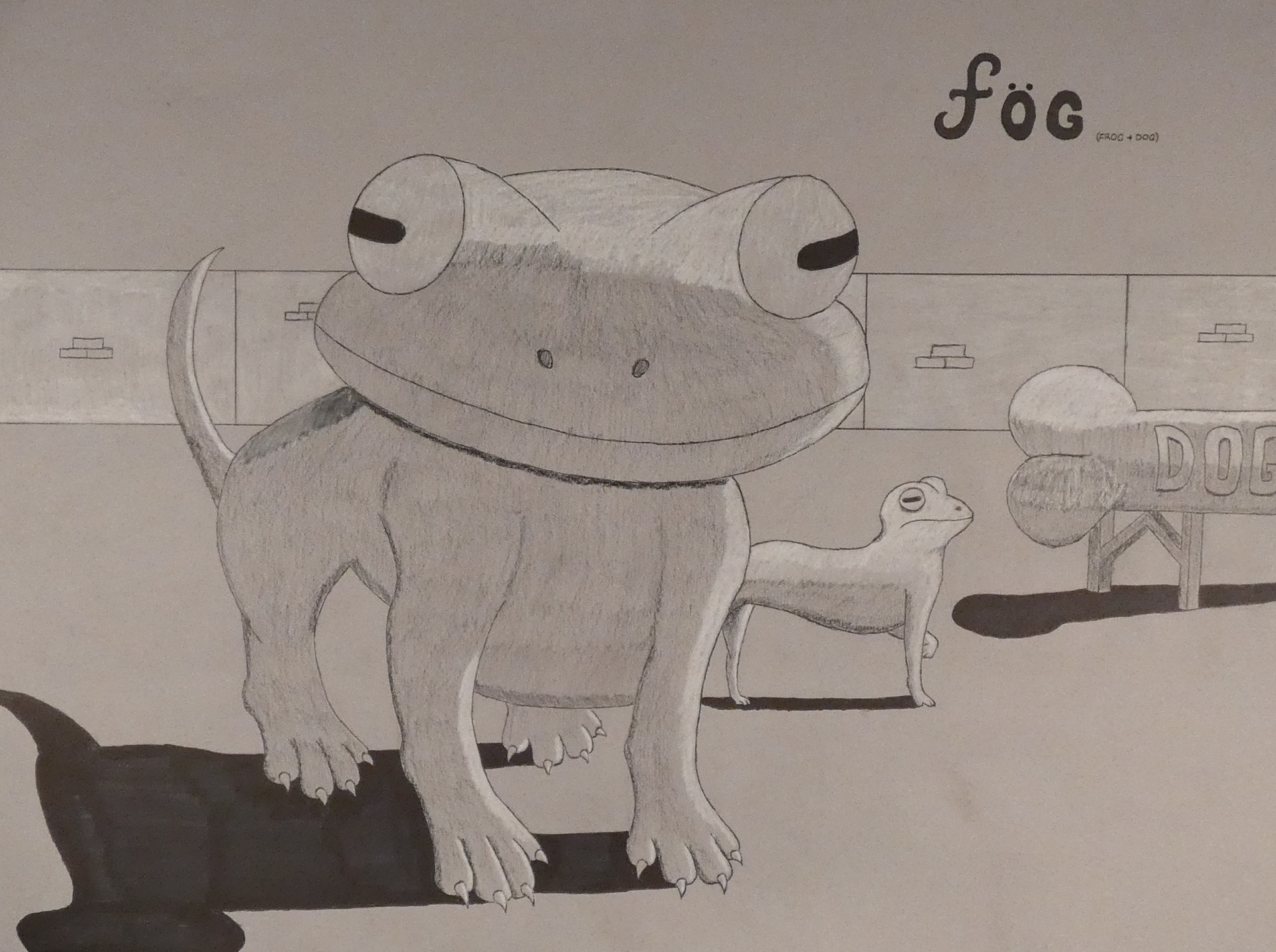 Fög (2018) Classwork. Instructor: Bill Burgard. A illustration of the hypothetical offspring of a dog and a large frog. 