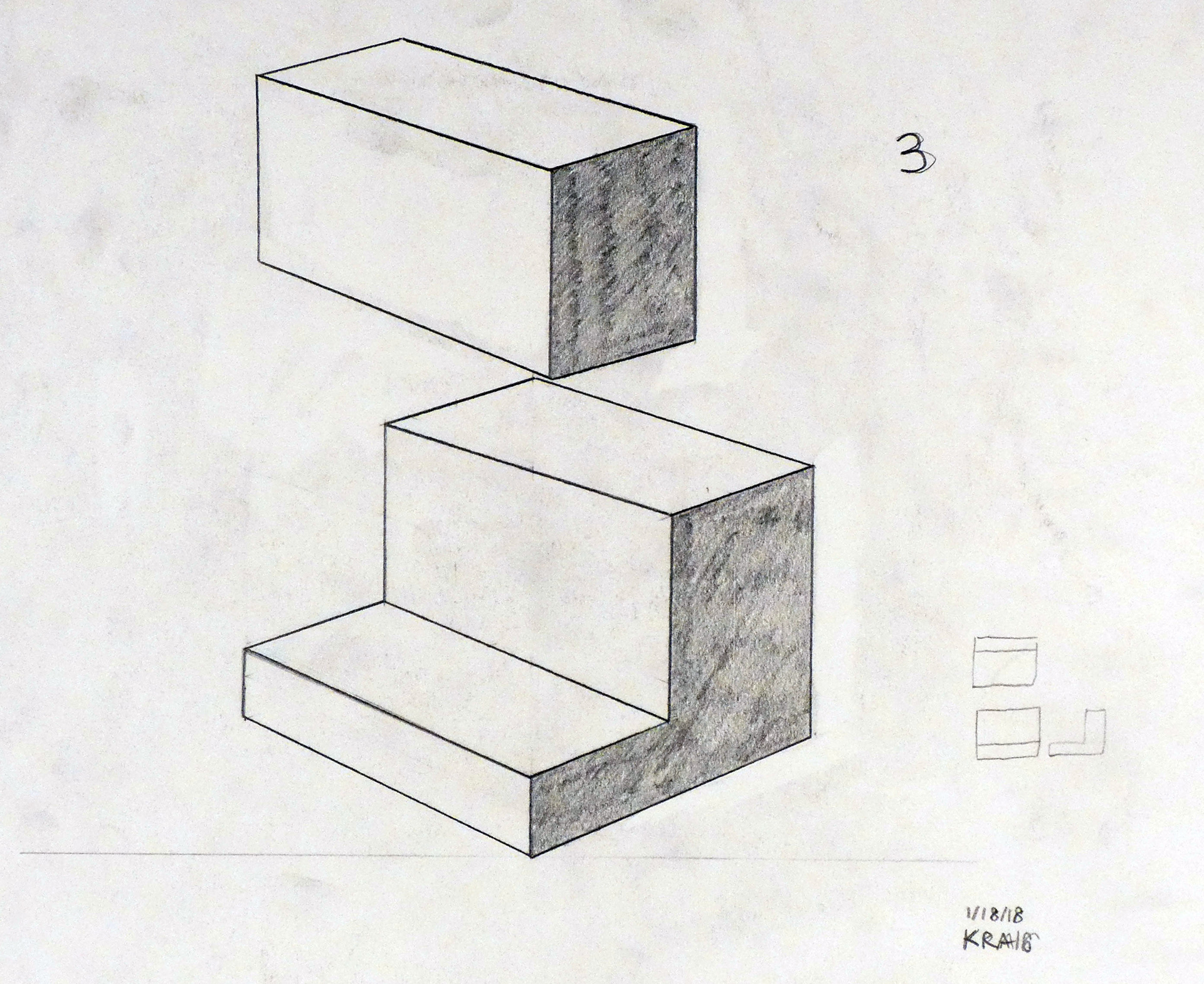 Sliced Shapes (2018) Classwork, Instructor: Bill Burgard. In this piece, titled “Sliced Shapes”, a greater understanding of form and shape was created through the incorporation of light and shadow. This piece was made through the usage of various lead pencil grades and sketch paper.
