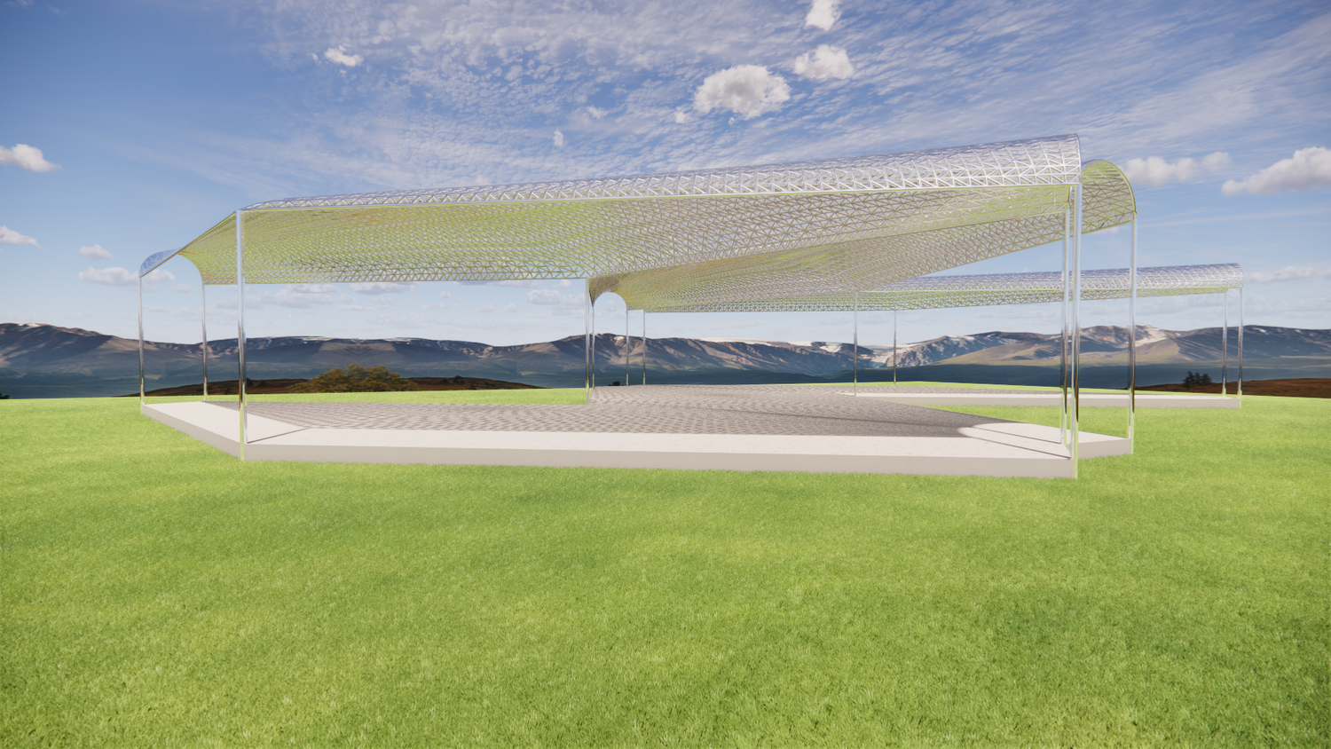An Enscape rendered view showcasing the approach to the parametric pavilion.