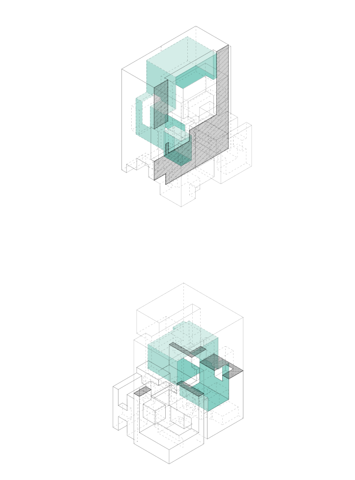 An axonometric view of the interior spaces in green through "ghosted" sections of the module..