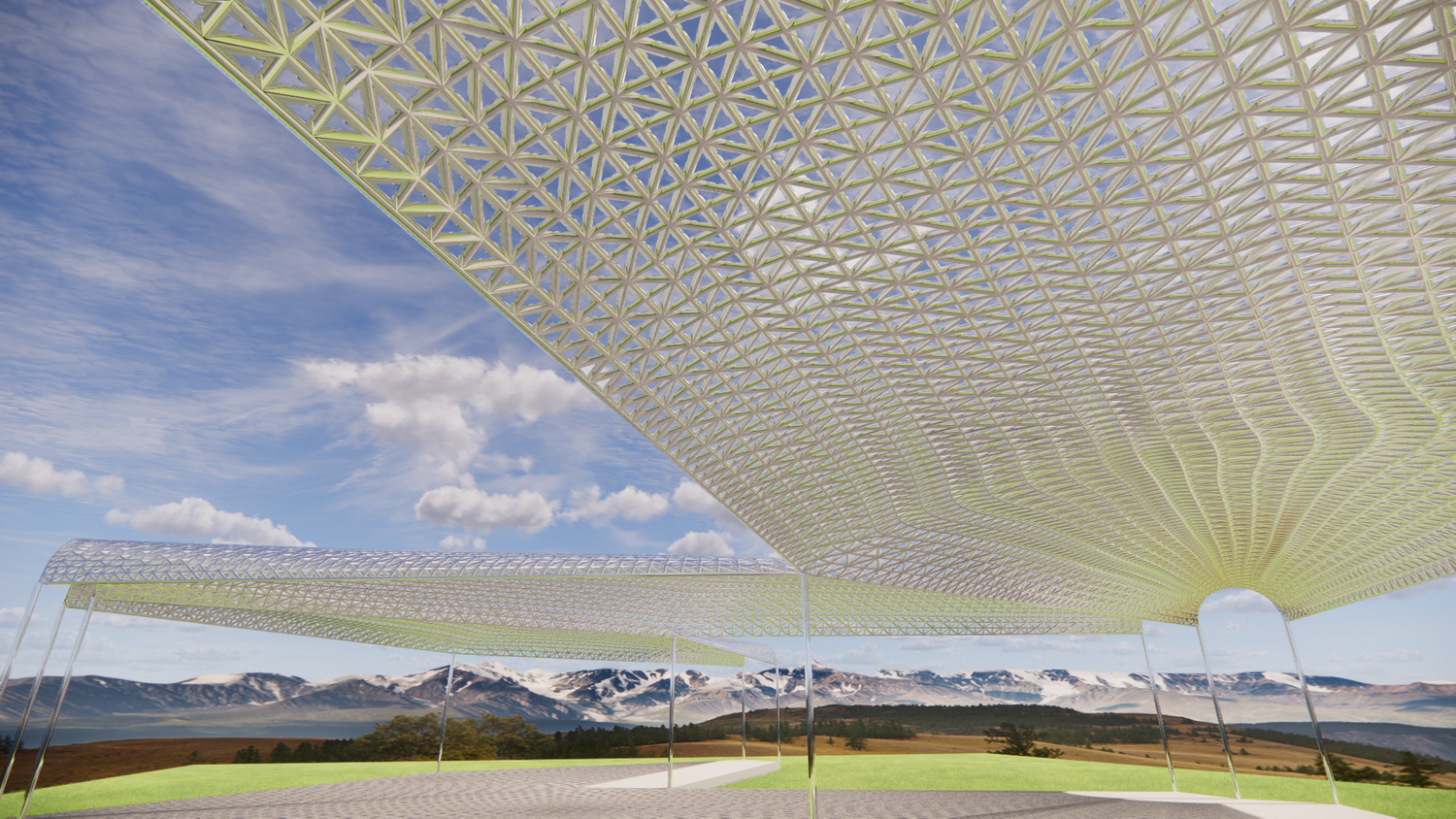 An Enscape rendered view highlighting the roof structure.